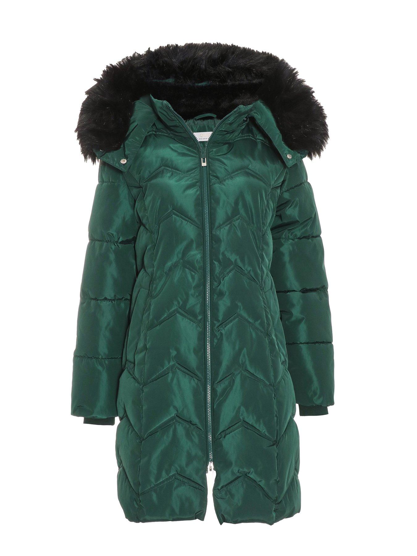 Image 4 of 6 of Quiz Bottle Green Padded Faux Fur Hood Parka
