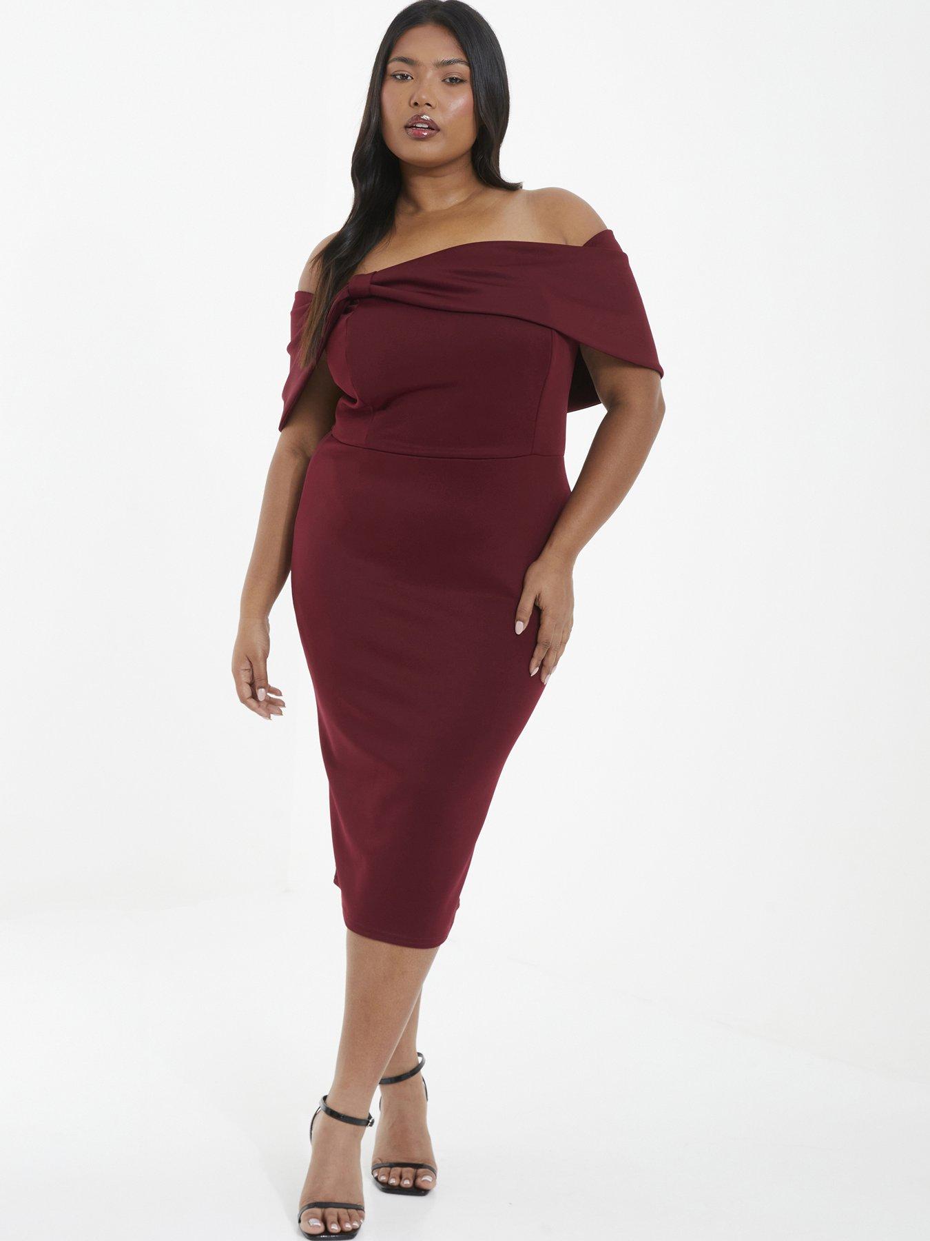 Quiz Curve Curve Berry Bardot Bow Midi Dress | Very.co.uk