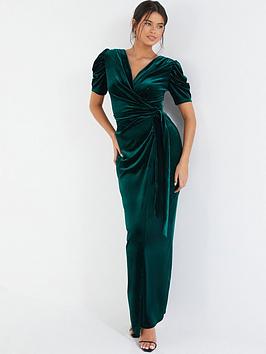 quiz green velvet wrap maxi dress