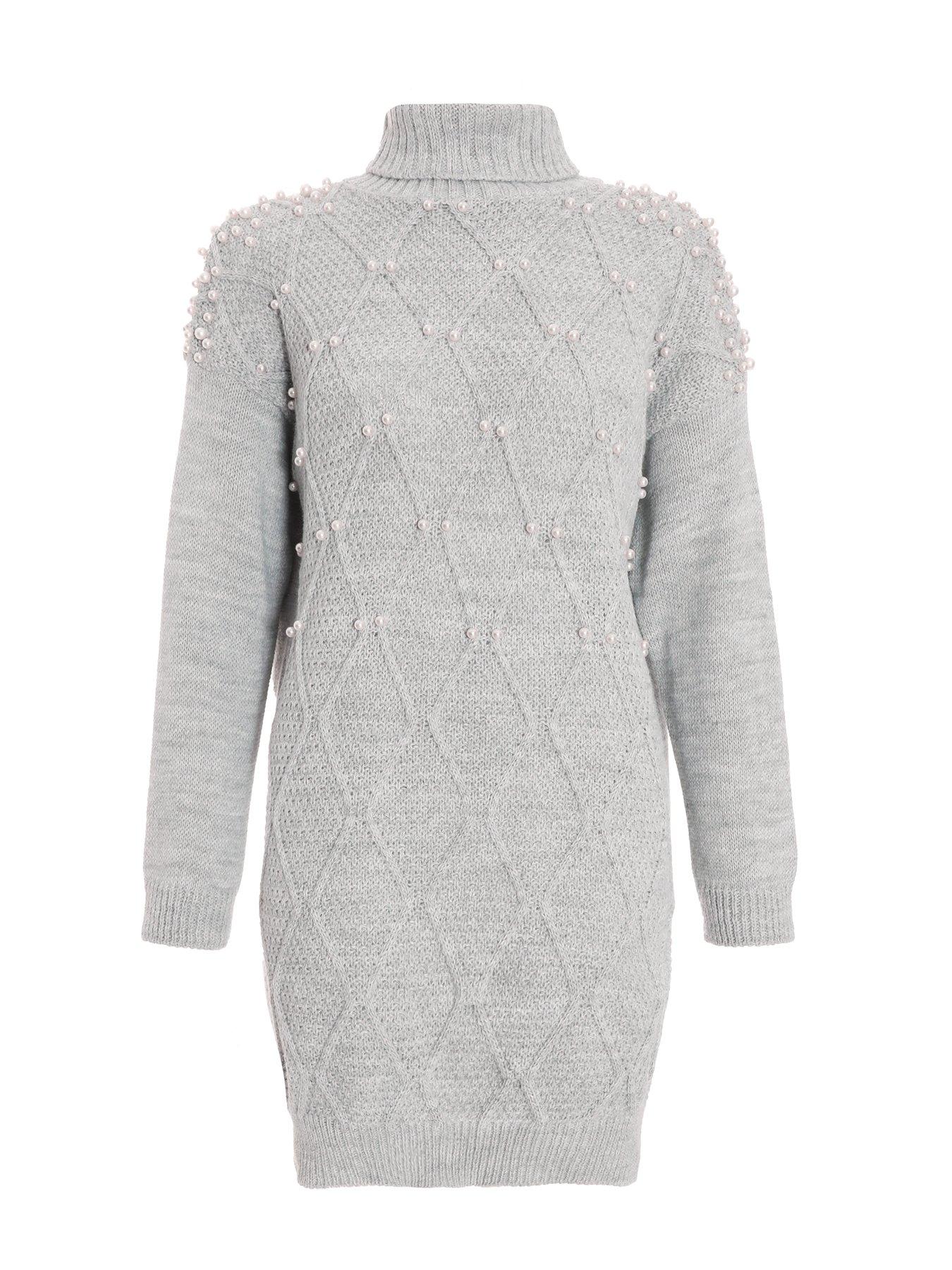 Quiz Grey Knitted Pearl Embellished Jumper Dress Very