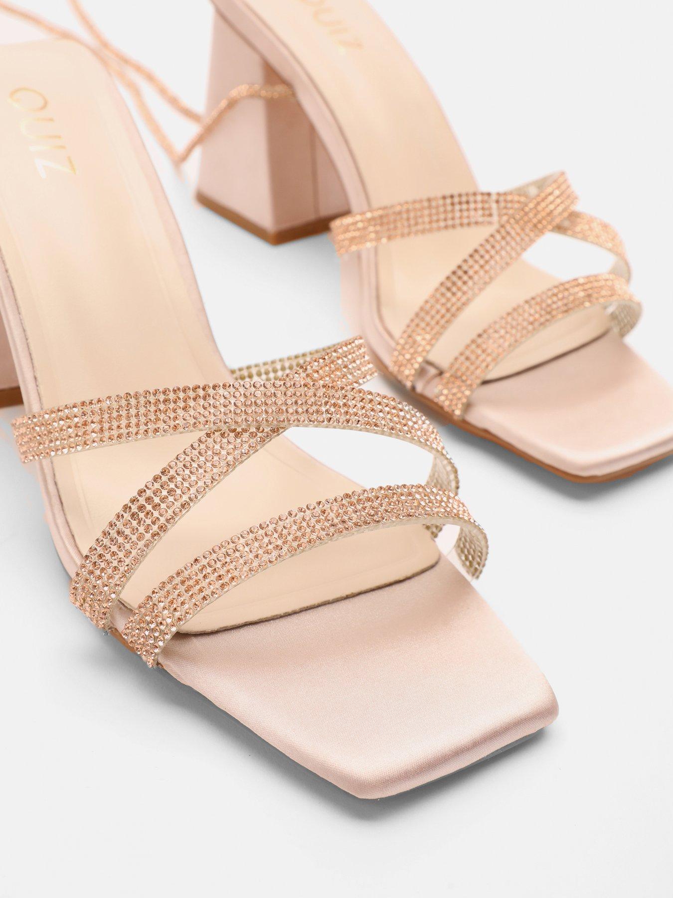 Quiz Champagne Satin Diamante Strap Block Heels Very