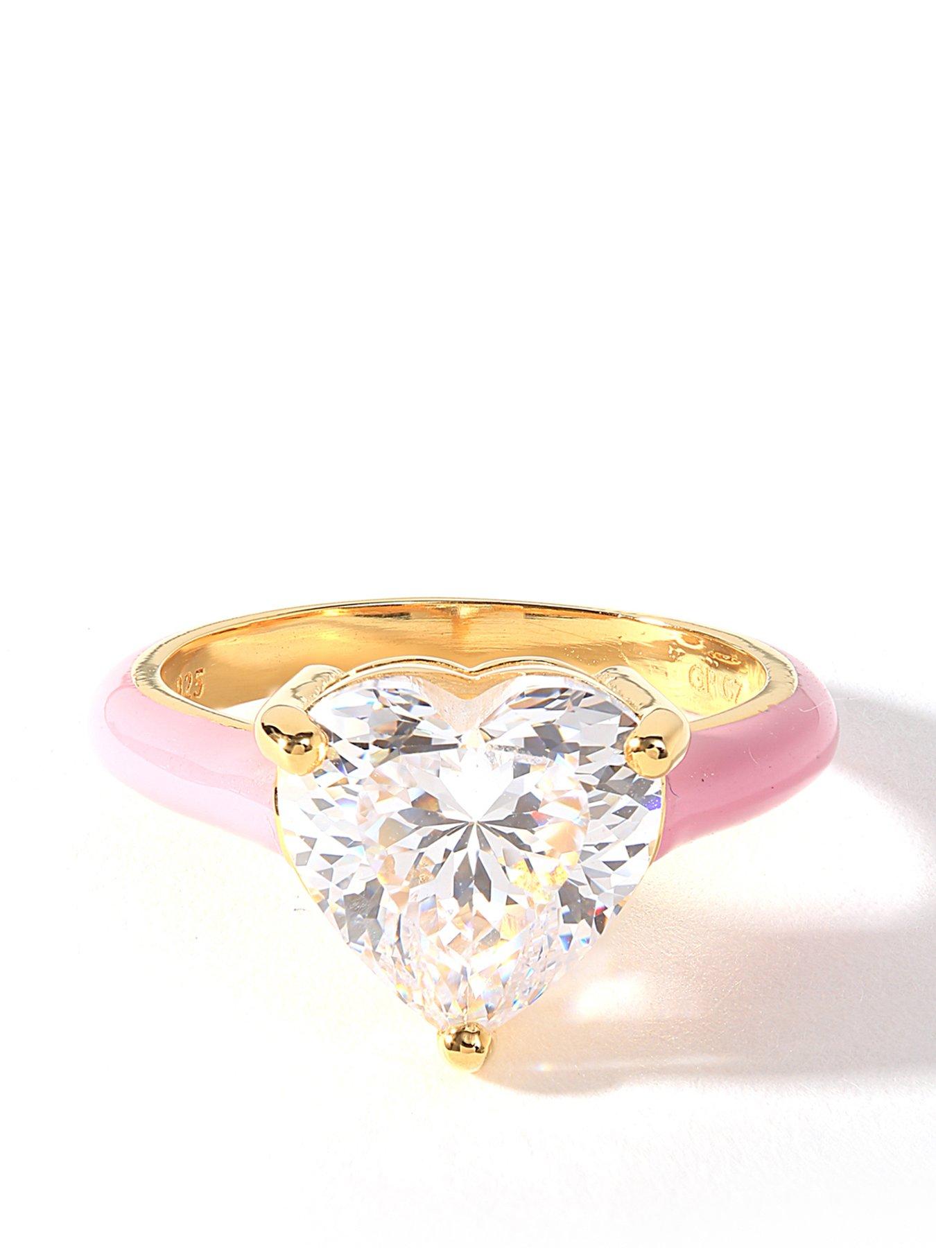 Product photograph of The Love Silver Collection 18ct Gold Plated Sterling Silver 10mm Cubic Zirconia Heart Pink Enamel Ring from very.co.uk