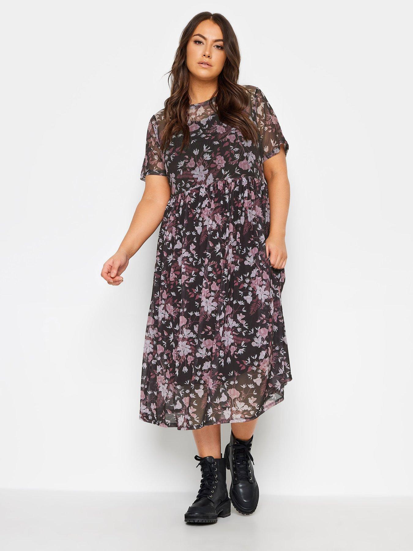 Yours Floral Print Double Layered Mesh Smock Dress