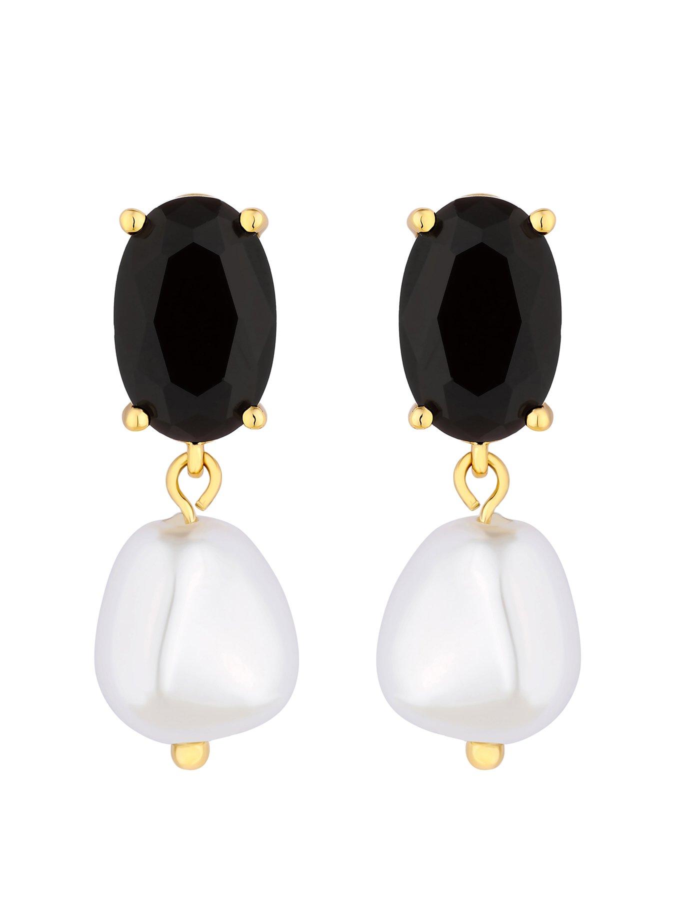 Product photograph of Jon Richard Gold Plated Cubic Zirconia Jet Stone And Pearl Drop Earrings from very.co.uk