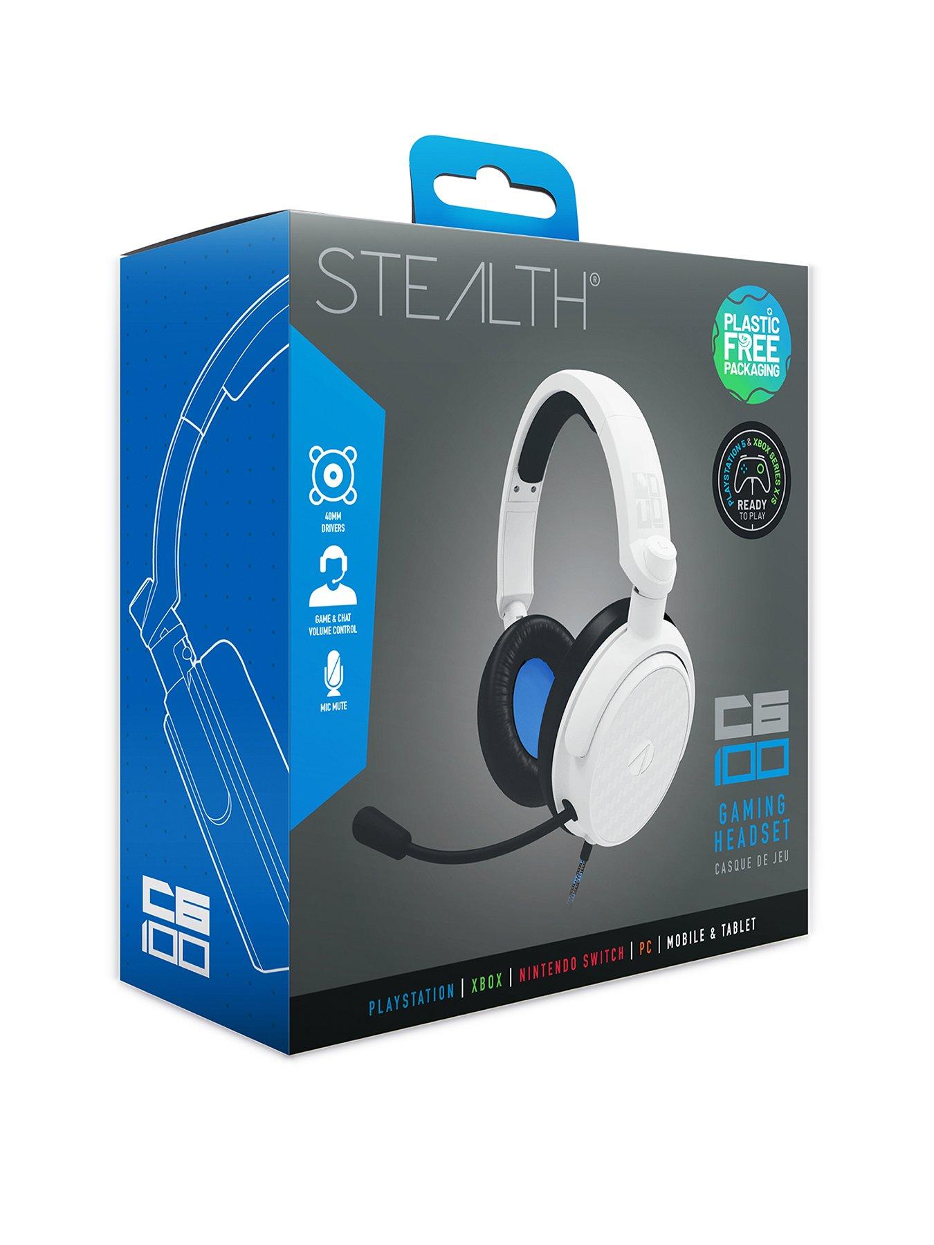 White and blue online gaming headset