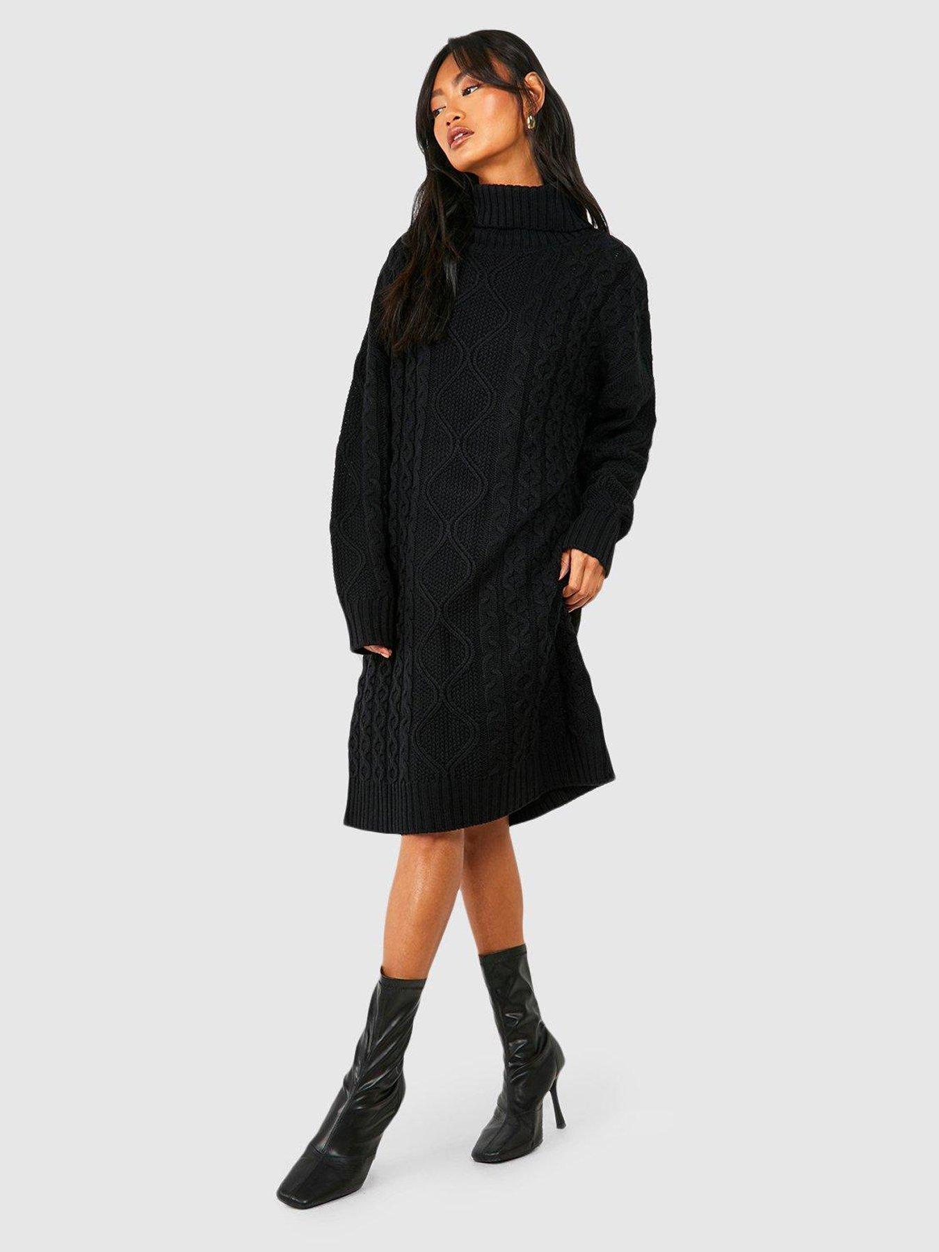 Black Basic Roll Neck Knit Sweater Dress