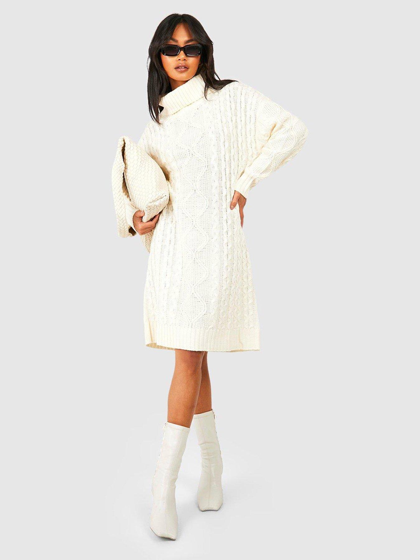 Boohoo Chunky Oversized Roll Neck Jumper Dress Cream Very