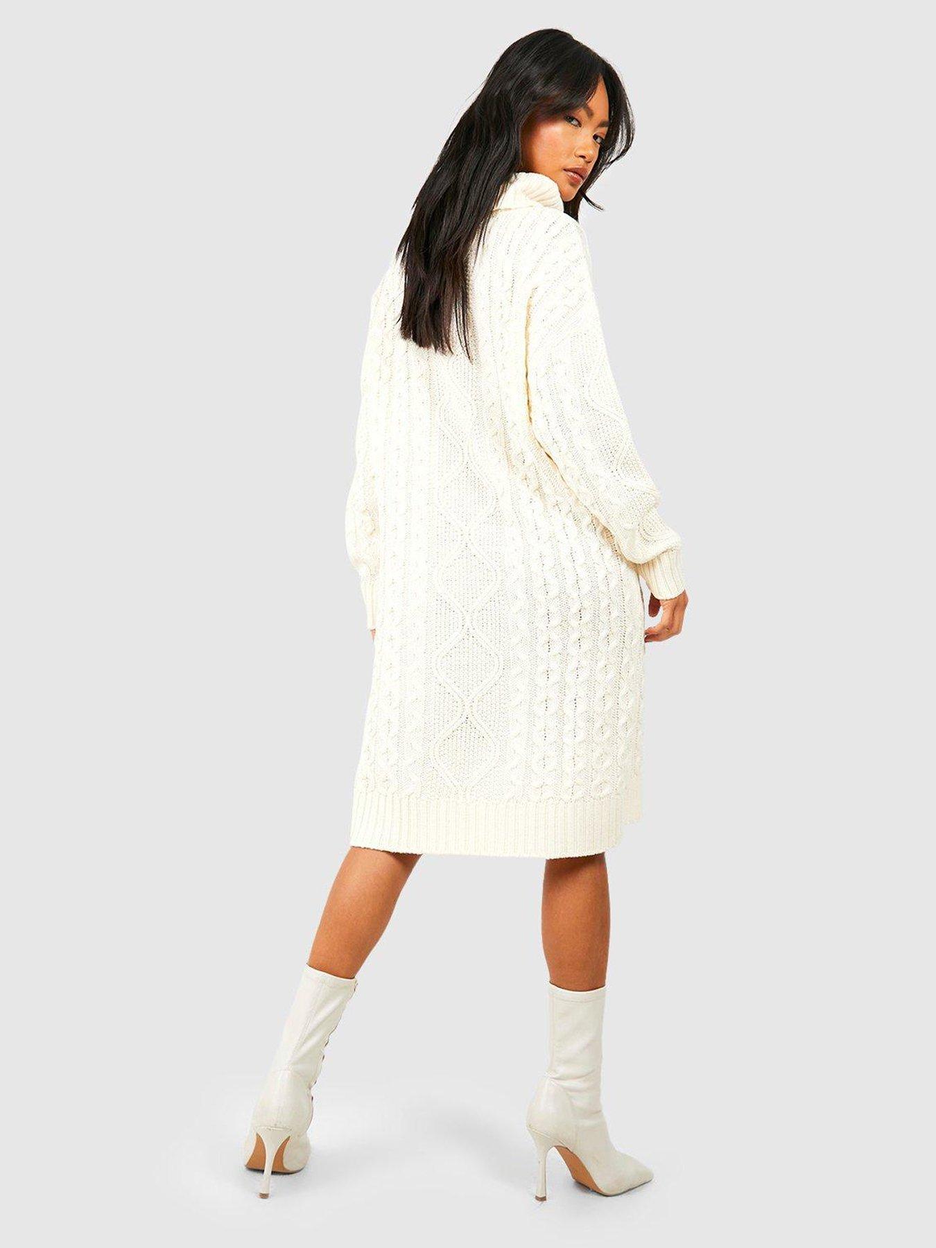 Boohoo Chunky Oversized Roll Neck Jumper Dress - Cream