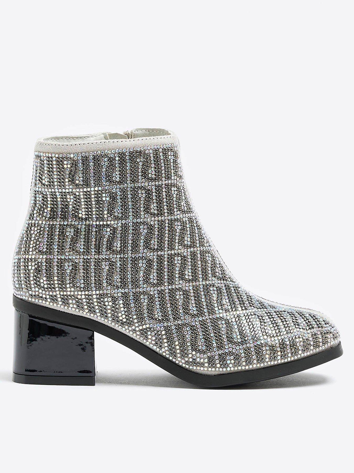 Girls RI Monogram Diamante Boots Silver