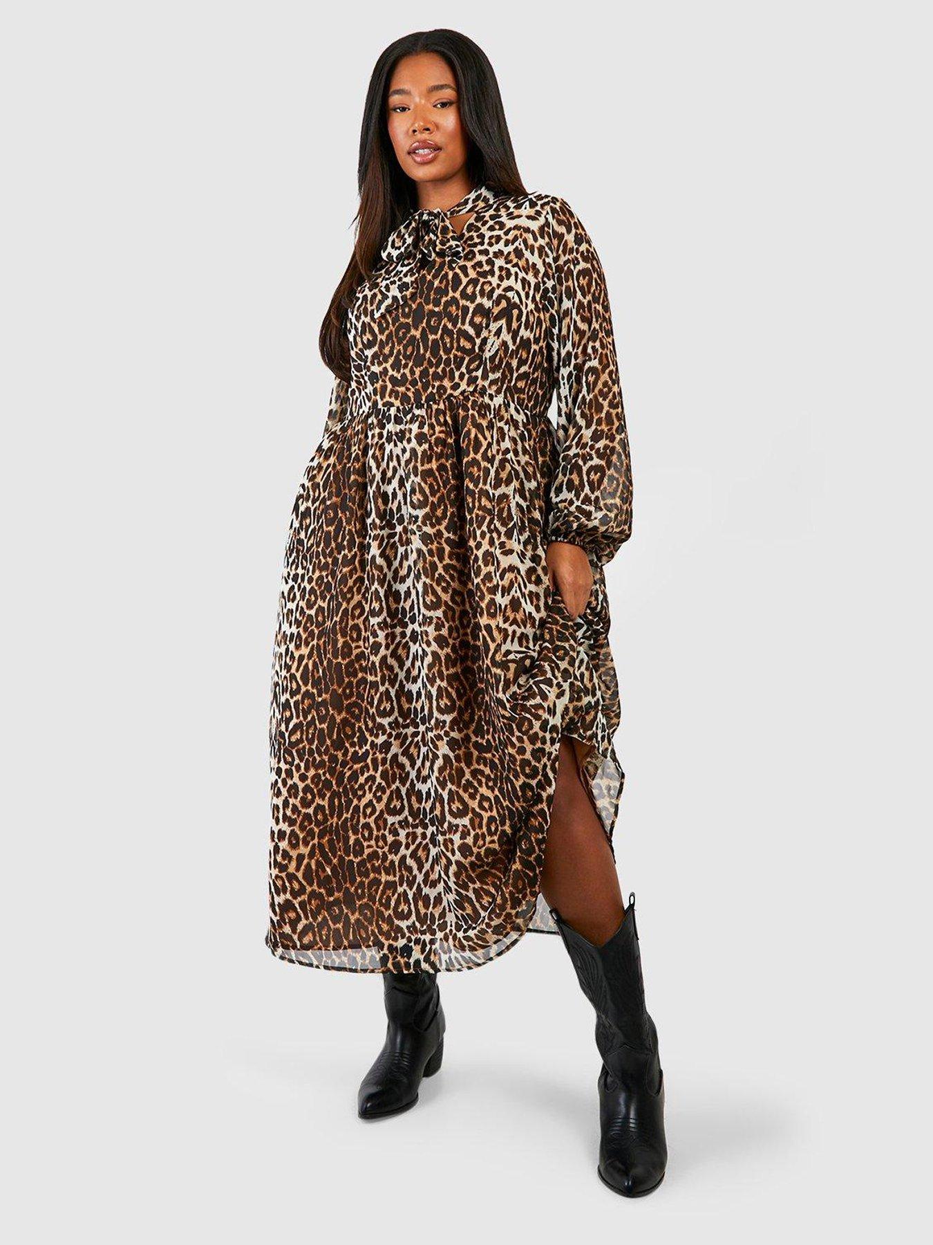 Boohoo Plus Leopard Pussybow Midaxi Dress Brown Very