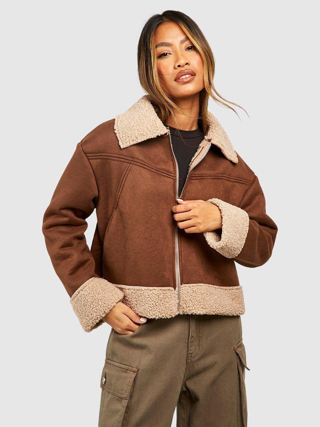 Faux Fur Lined Zip Detail Aviator Jacket in Brown - Roman Originals UK