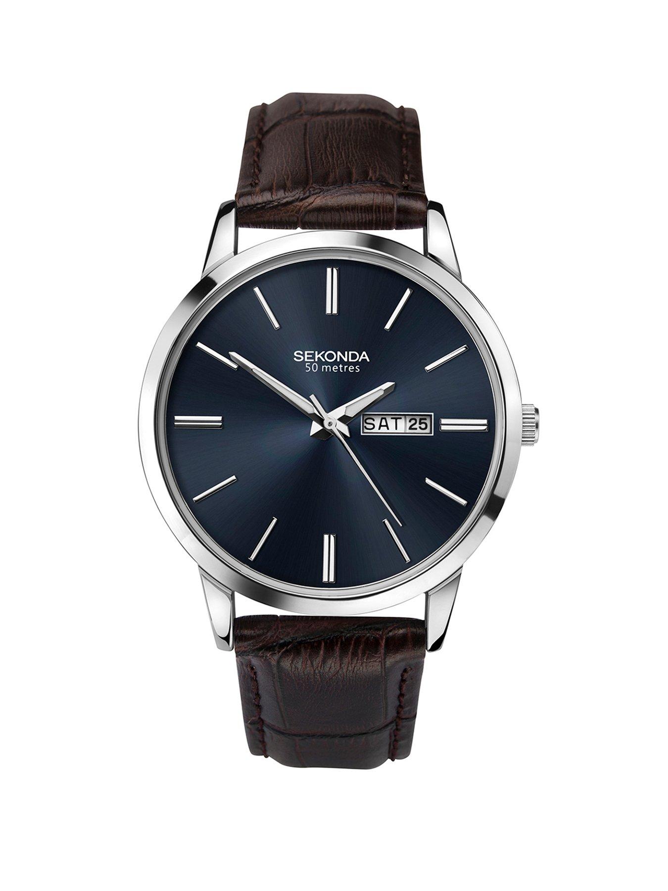 Product photograph of Sekonda Men S Classic Jackson Brown Leather Strap With Blue Dial Watch from very.co.uk