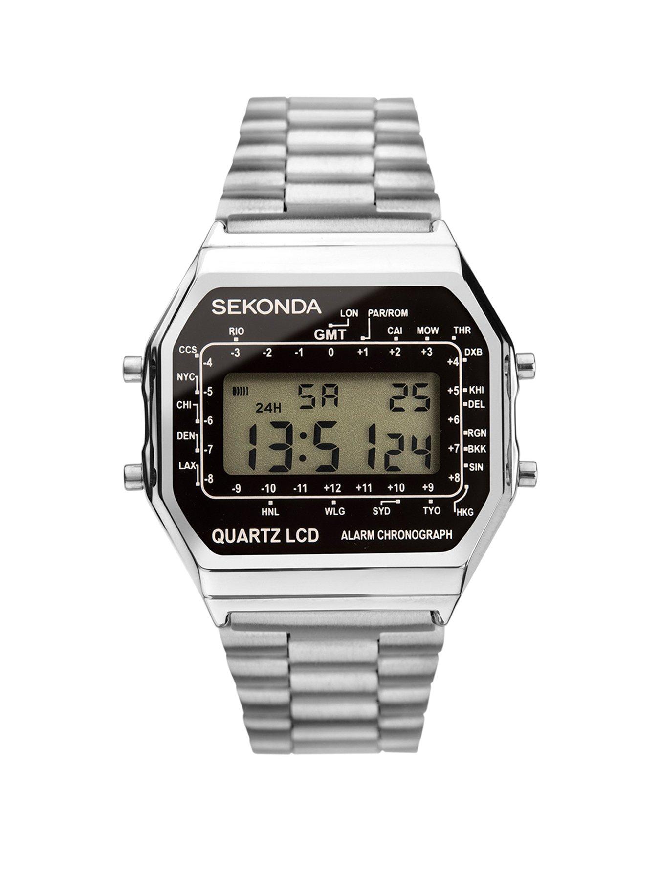 Product photograph of Sekonda Mens 1986 Silver Stainless Steel Bracelet 34mm Digital Watch from very.co.uk