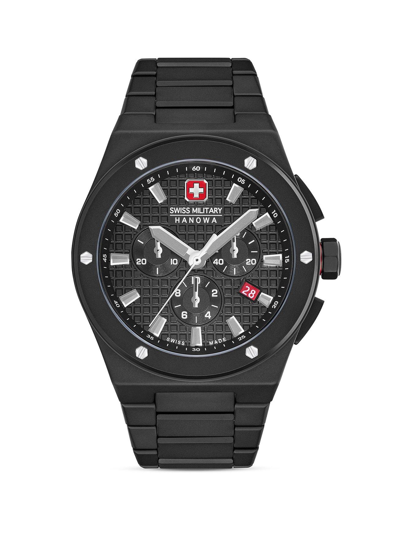 Product photograph of Swiss Military Black Ceramic Bracelet Watch With Black Dial from very.co.uk