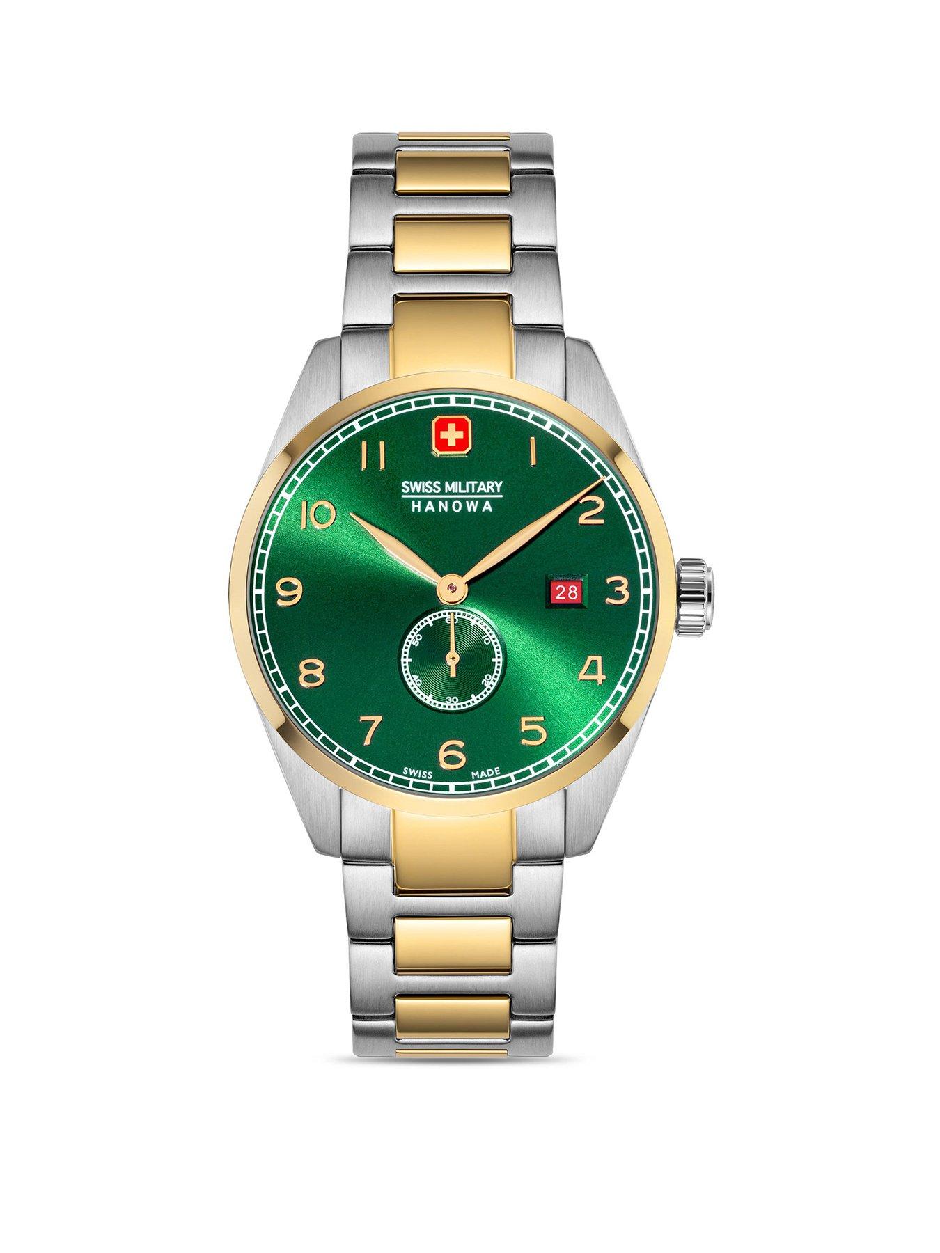 Product photograph of Swiss Military Stainless Steel Bracelet Watch With Green Dial from very.co.uk