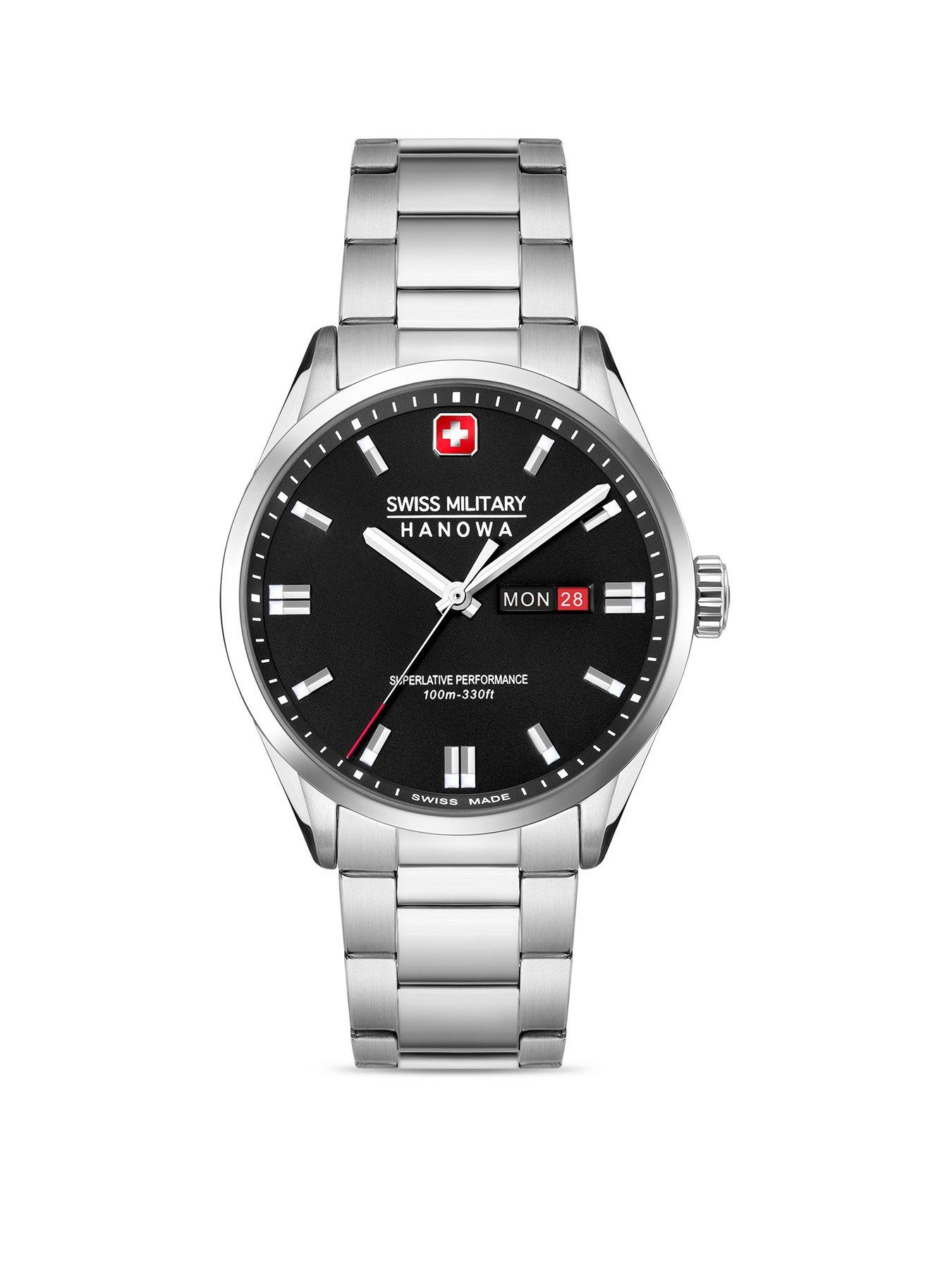 Product photograph of Swiss Military Stainless Steel Bracelet Watch With Black Dial from very.co.uk