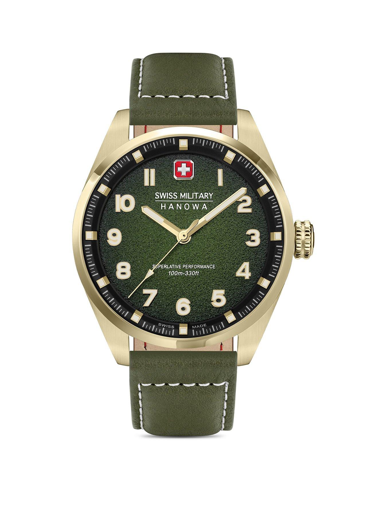 Product photograph of Swiss Military Stainless Steel Strap Watch With Olive Dial from very.co.uk