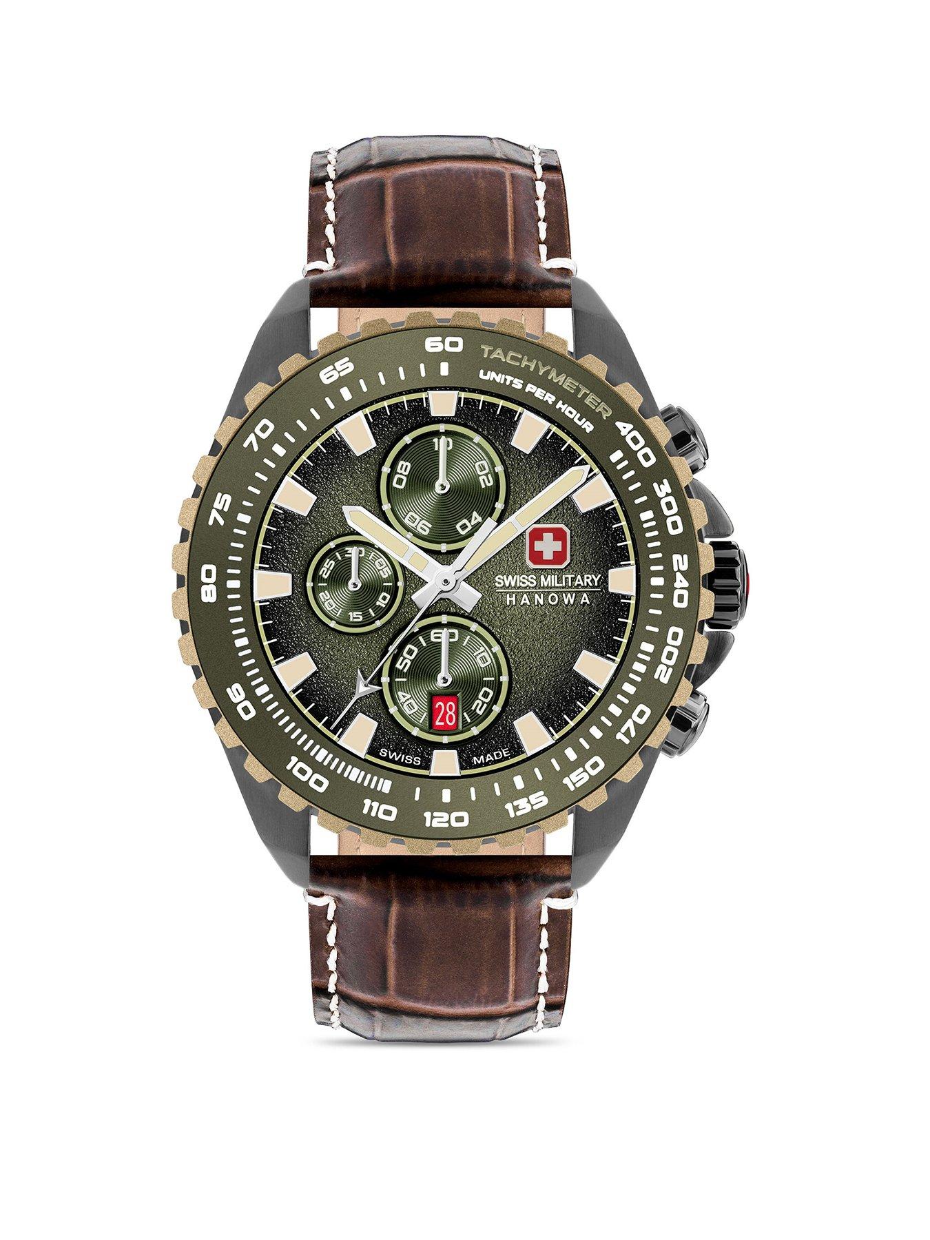 Product photograph of Swiss Military Dark Brown Genuine Leather Strap Watch With Olive Dial from very.co.uk