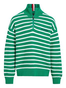 tommy hilfiger boys half zip breton stripe sweater - green/ecru stripe