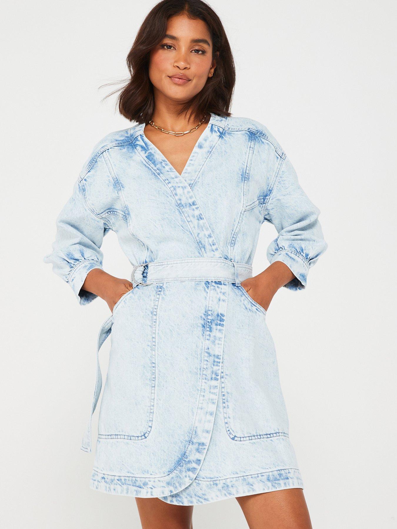 Orange Wrap Front Denim Dress Blue