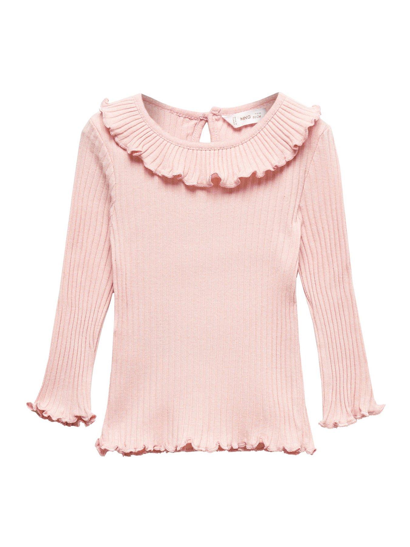 Mango Younger Girls Frill Neck Long Sleeve Rib T- Shirt - Light Pink