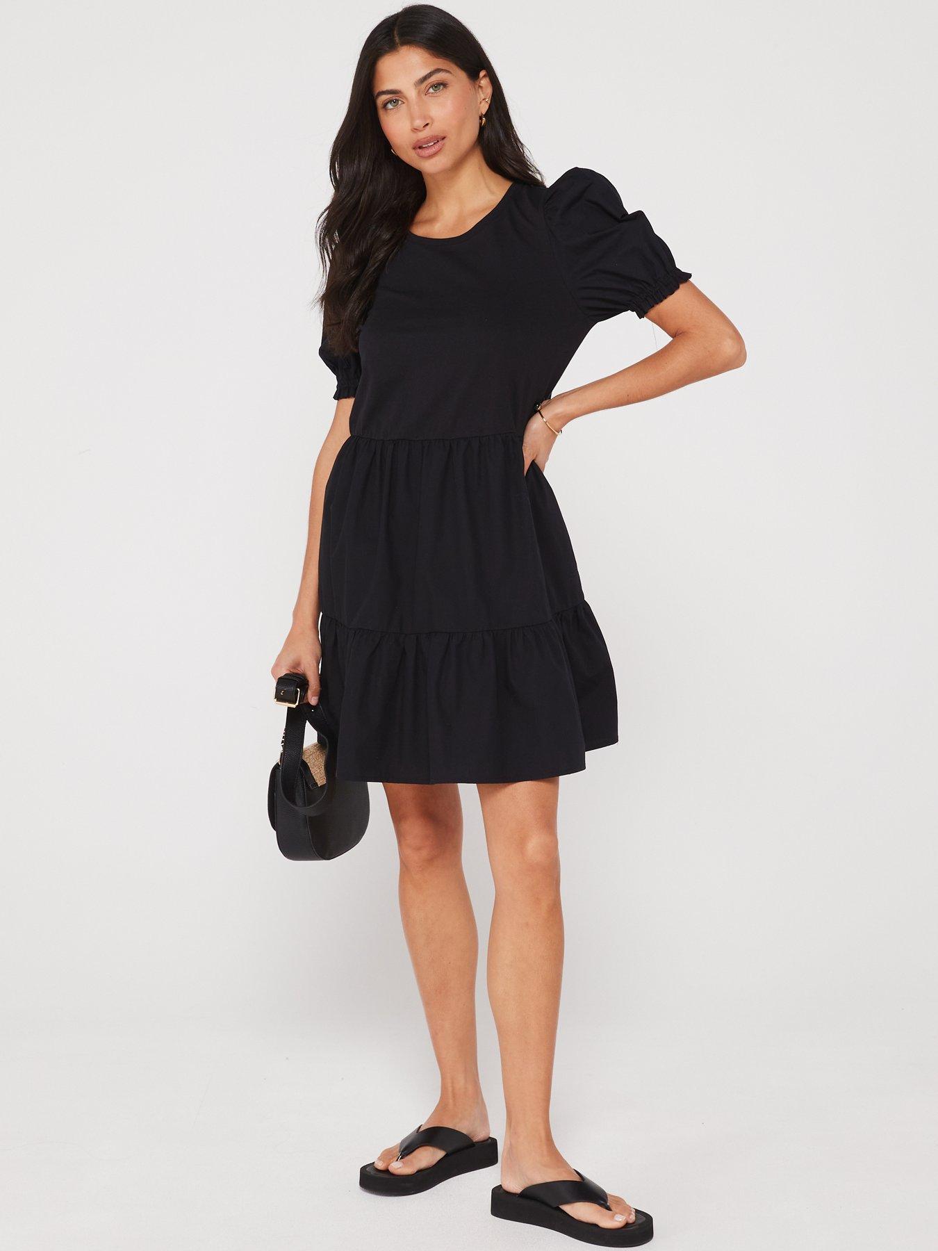 V by Very Tiered Short Sleeve Mini Dress - Black | Very