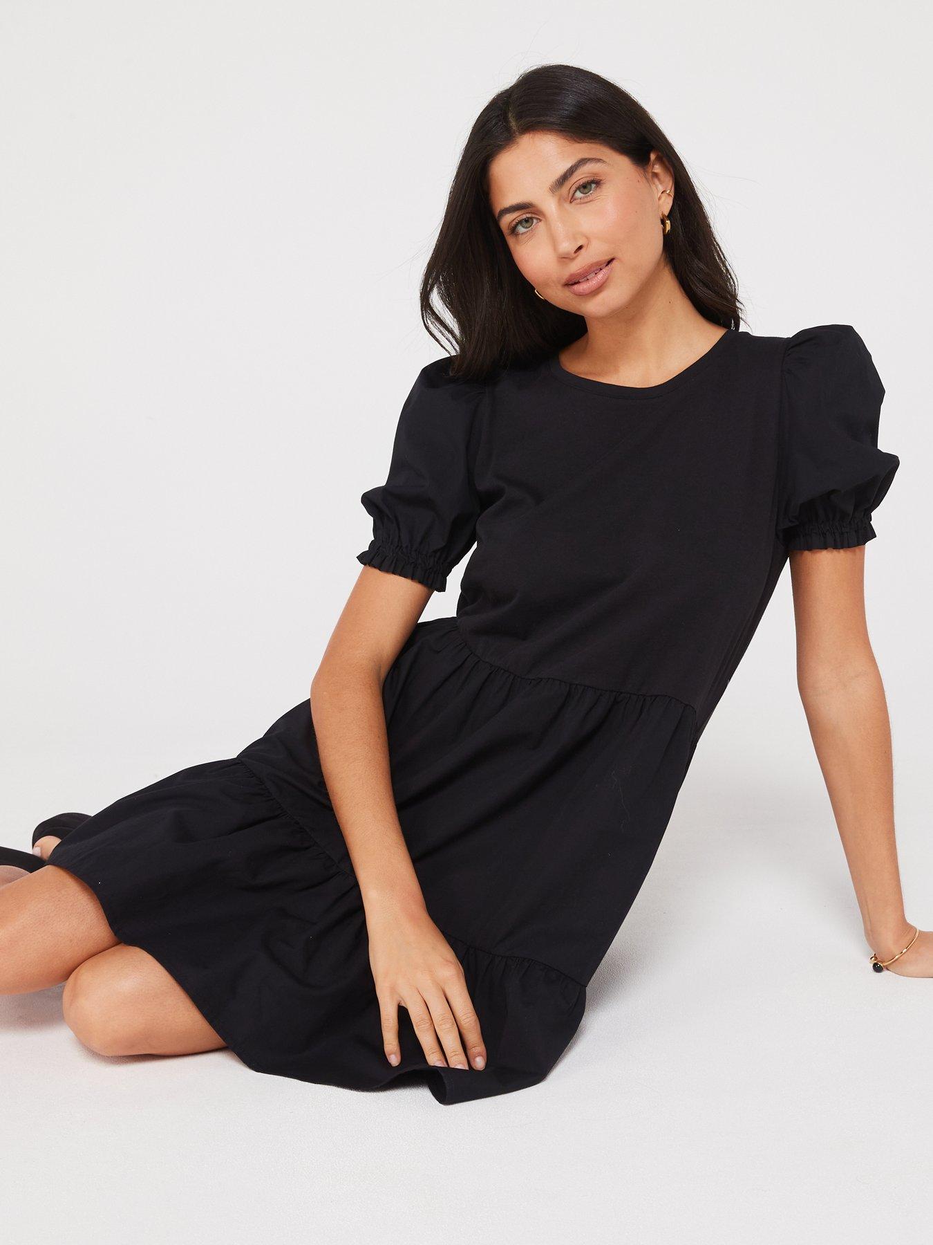 V by Very Tiered Short Sleeve Mini Dress - Black | Very