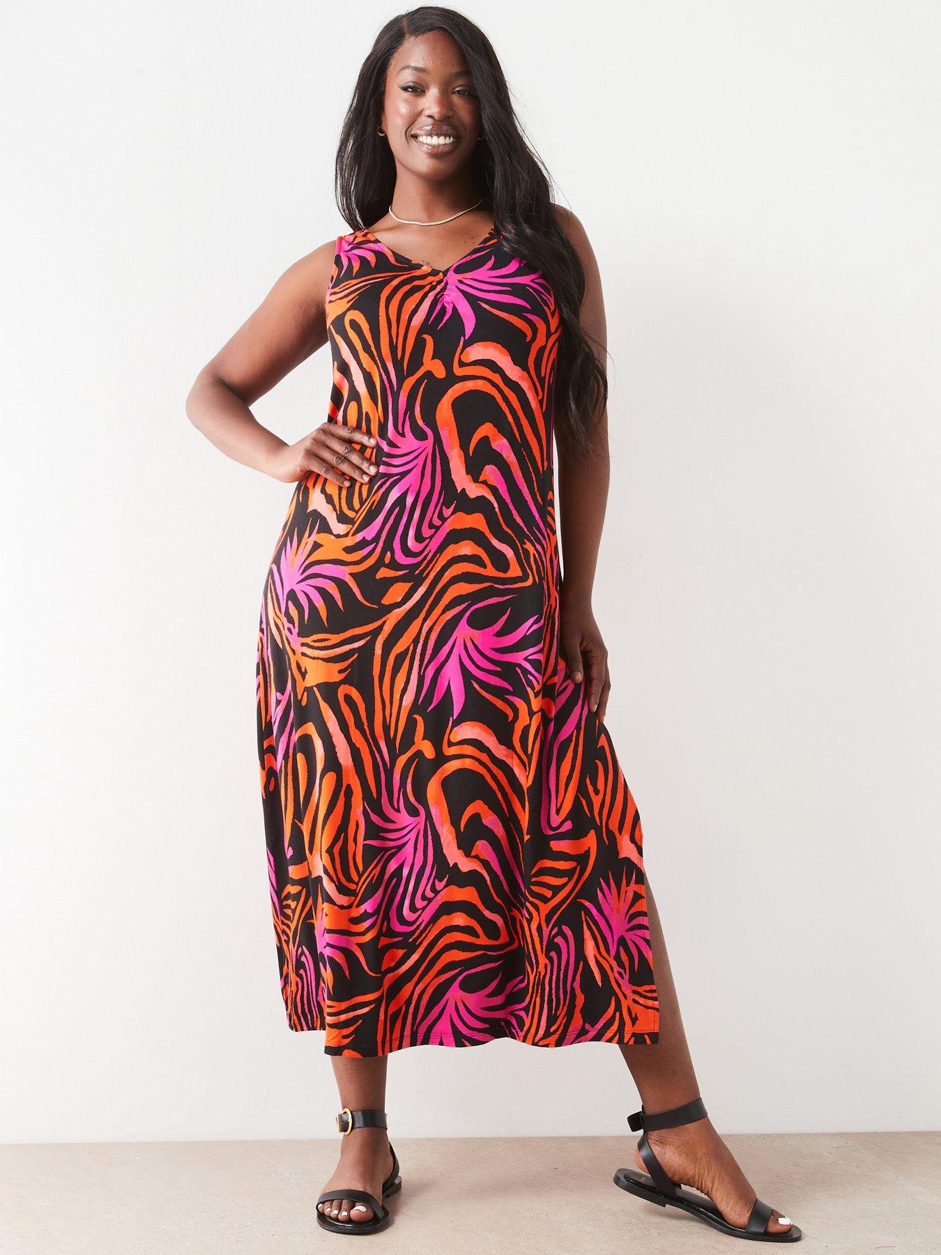 Size Curve Dresses Vintage Print Stitching Fashion Loose Midi Dress
