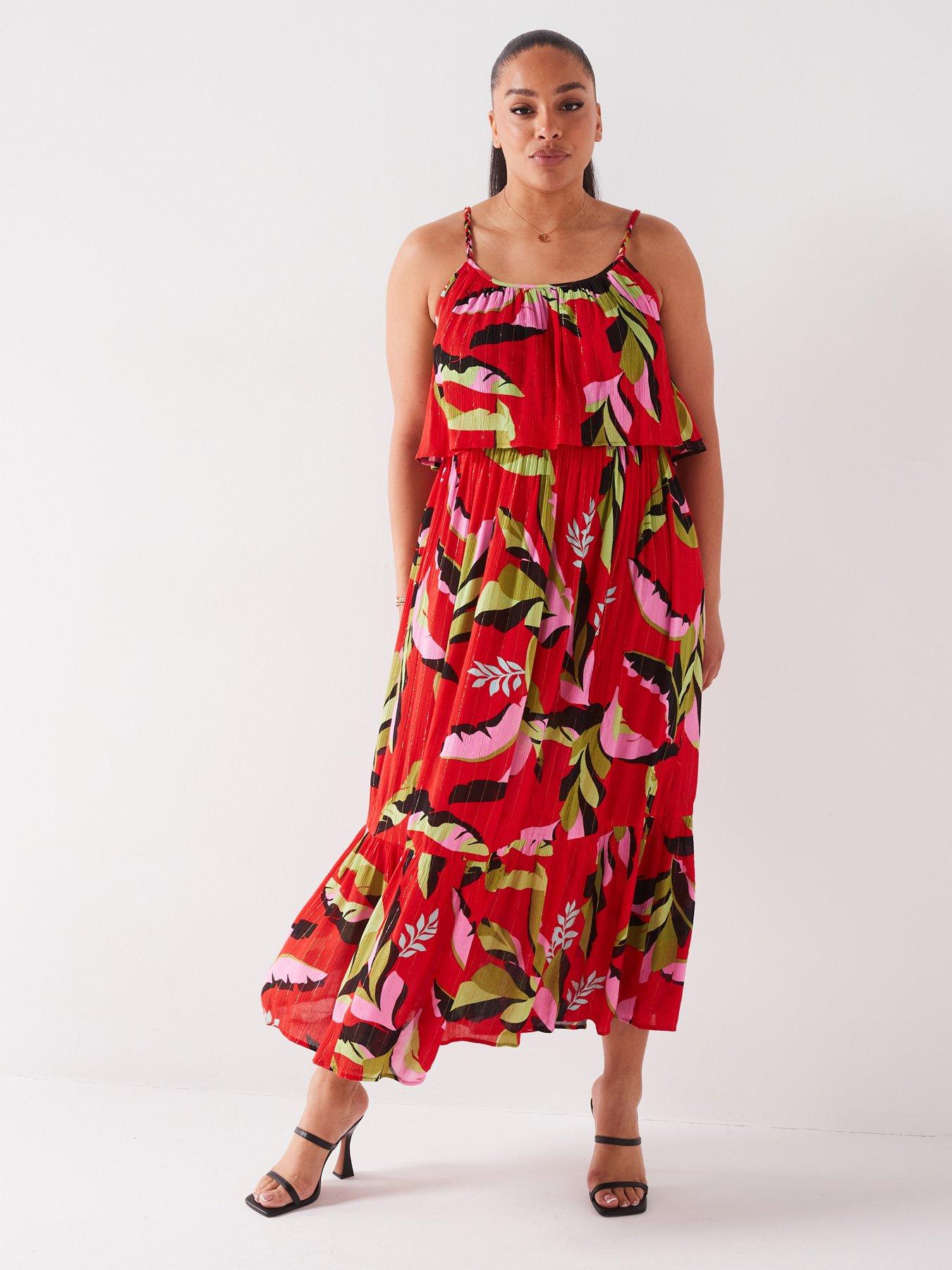 V By Very Curve Double Layer Printed Crinkle Maxi Dress - Pink, Pink, Size 26, Women
