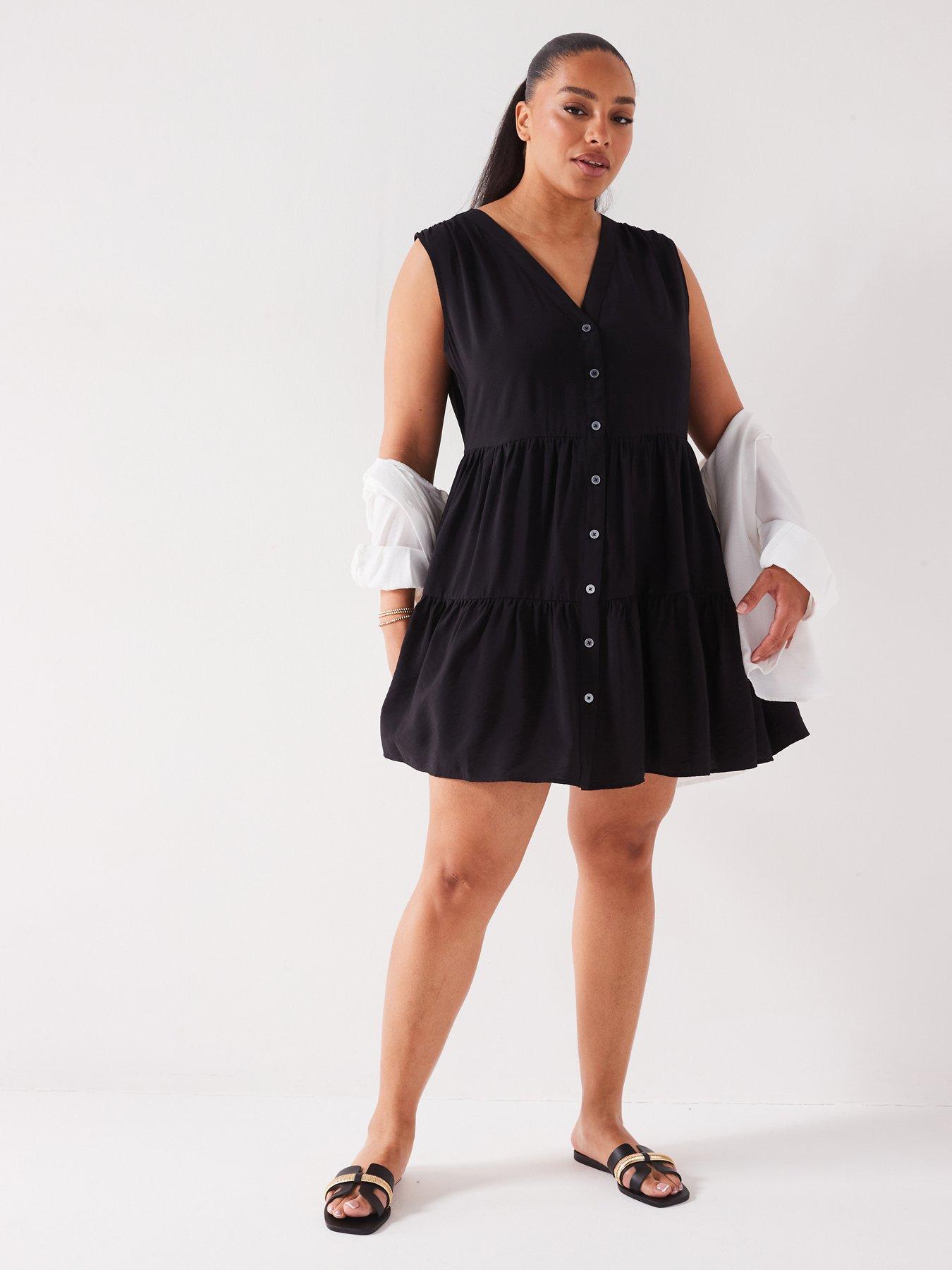 V by Very Curve Sleeveless Tiered Mini Dress - Black | Very.co.uk