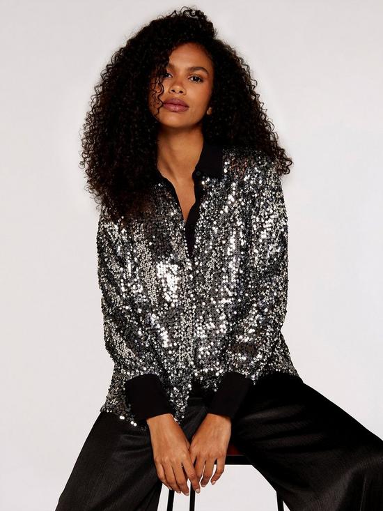 front image of apricot-sequin-button-down-shirt