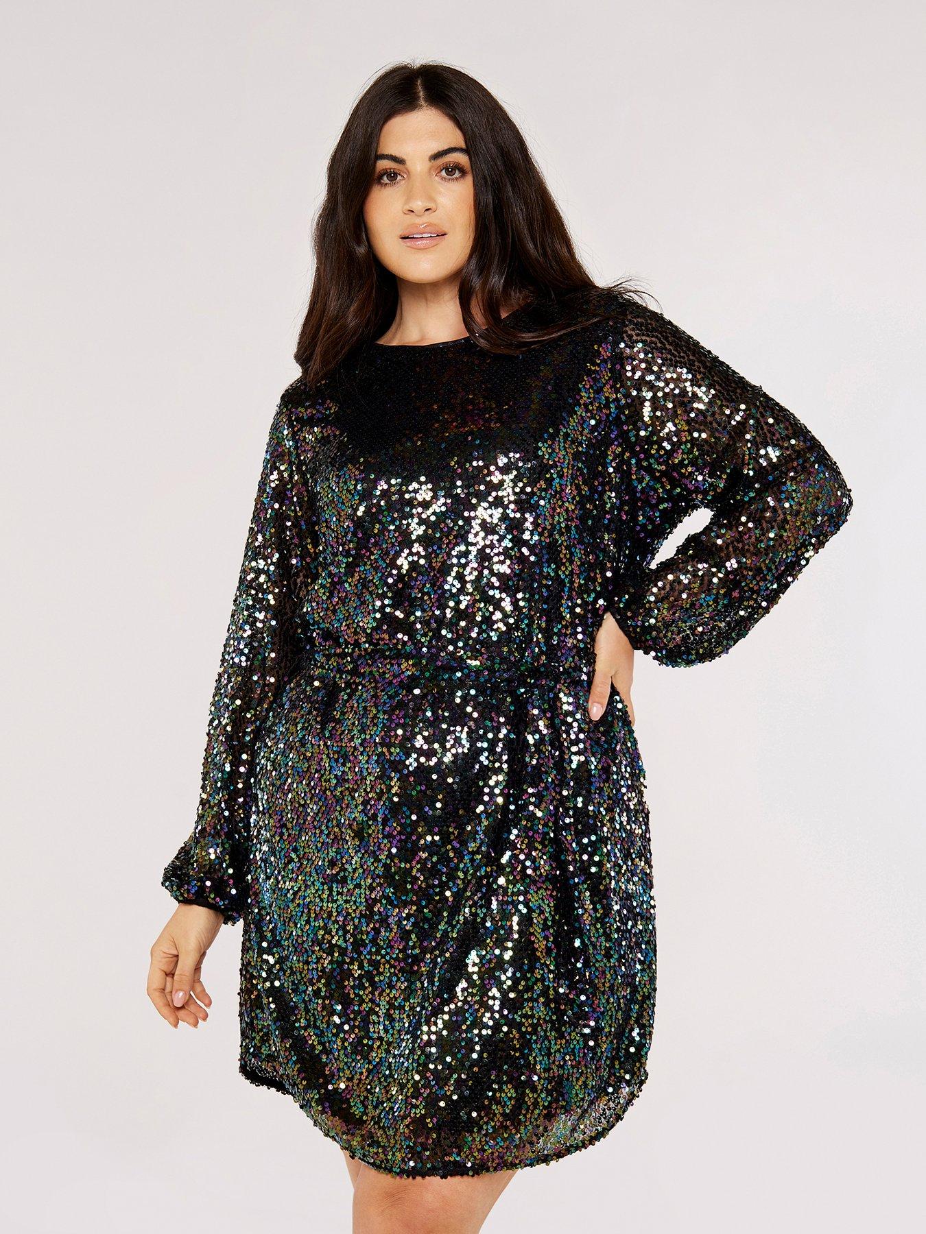 Apricot Sequin Puff Sleeve Tie Waist Drs | Very.co.uk