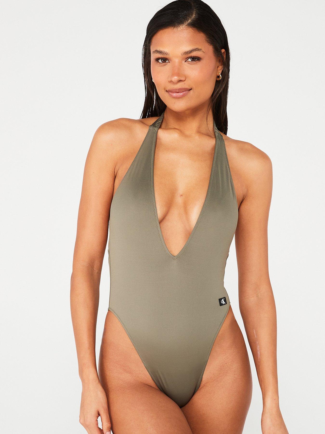 Calvin Klein Jeans Plunge Logo Swimsuit - Blue | very.co.uk