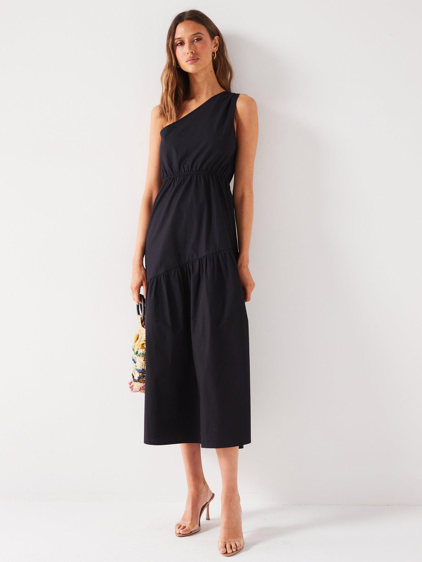 One Shoulder Cotton Midi Dress Black