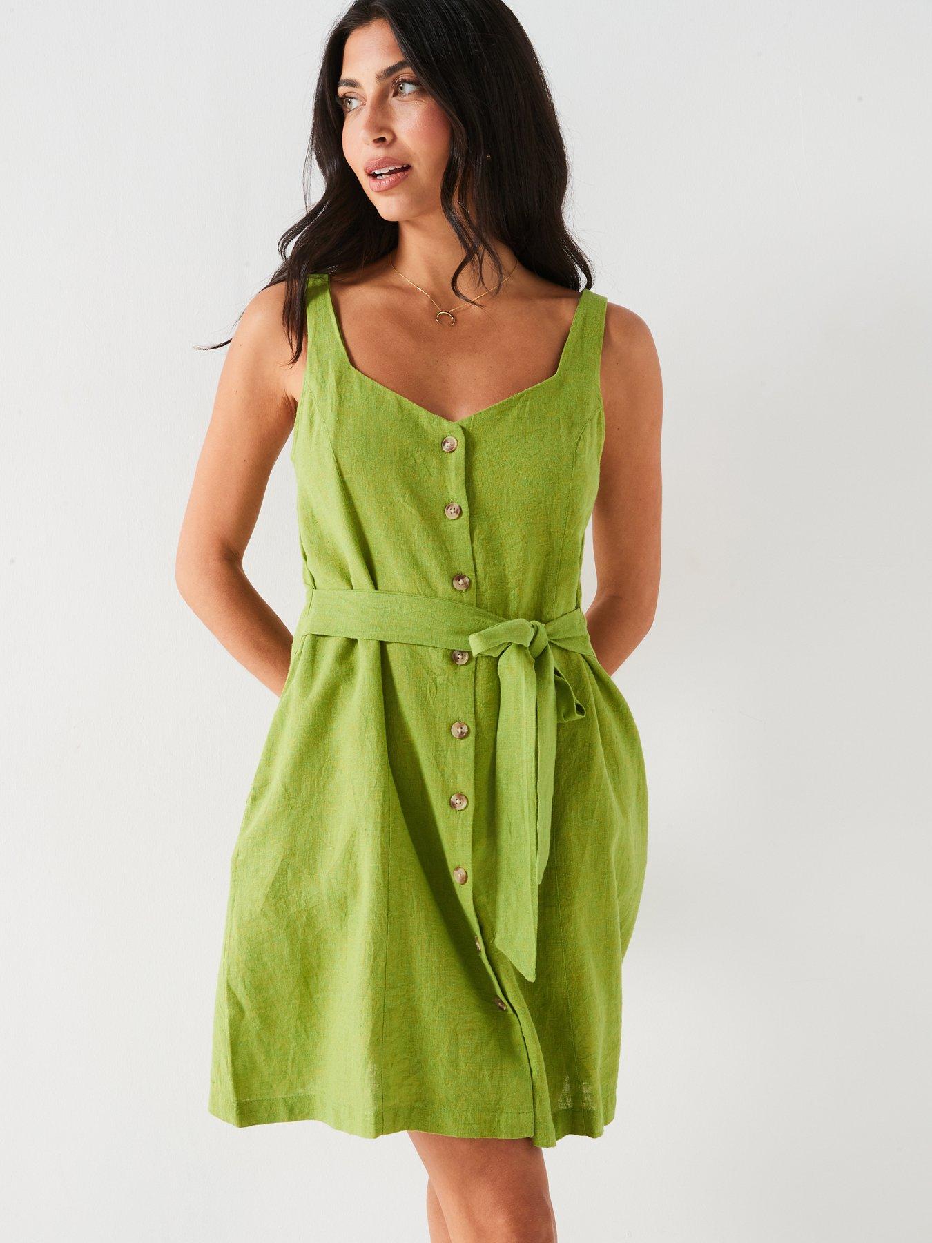 V By Very Linen Button Thru Mini, Green, Size 18, Women