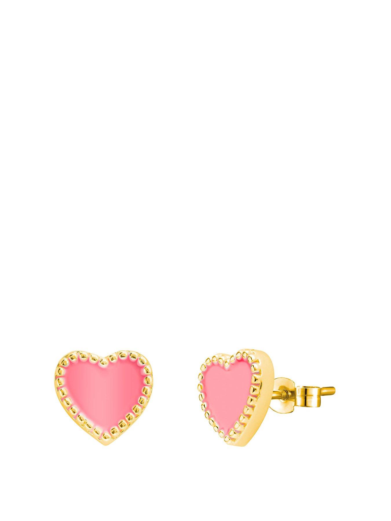 Product photograph of The Love Silver Collection 18ct Gold Plated Sterling Silver Enamel Pink Heart Studs from very.co.uk