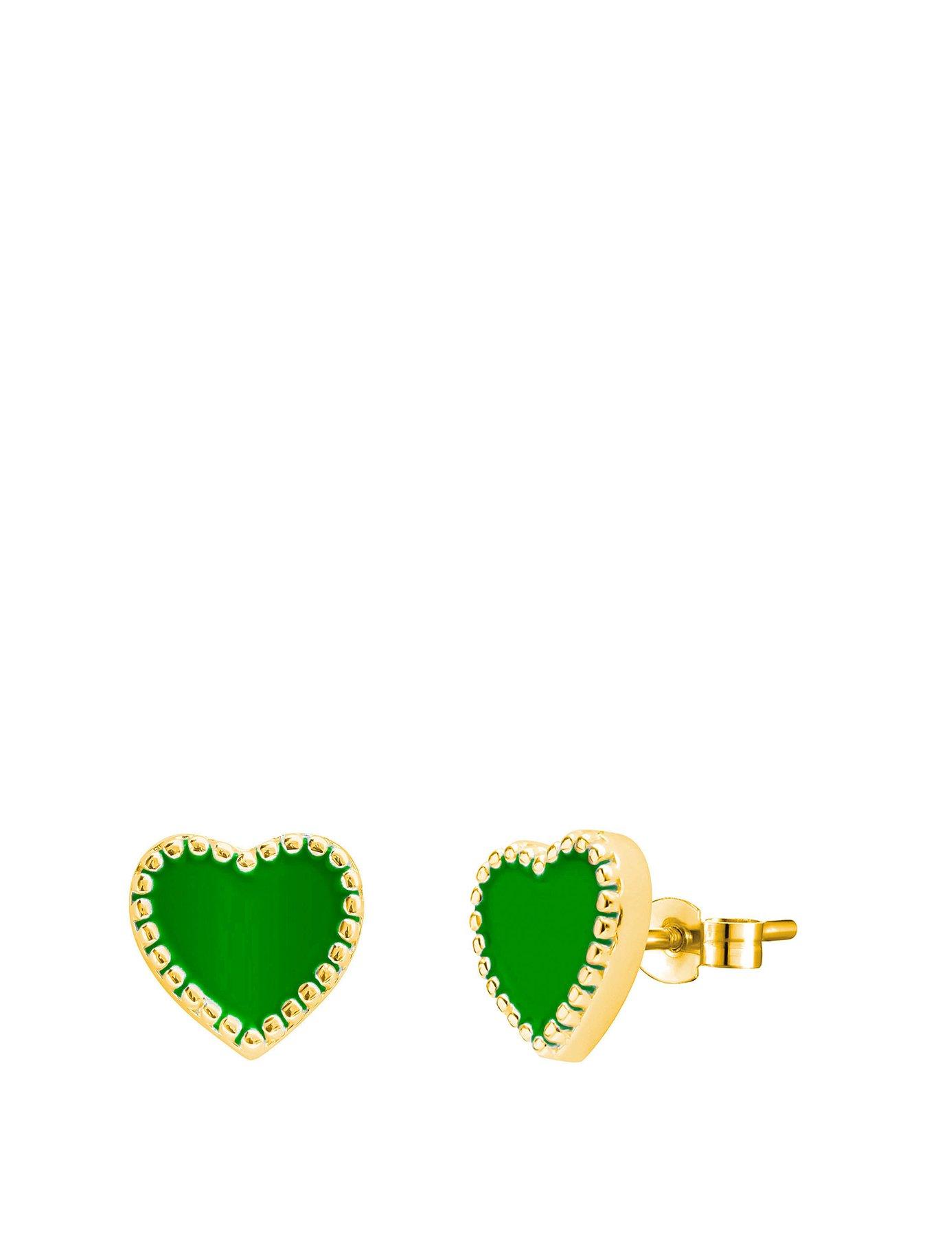 Product photograph of The Love Silver Collection 18ct Gold Plated Sterling Silver Enamel Green Heart Studs from very.co.uk