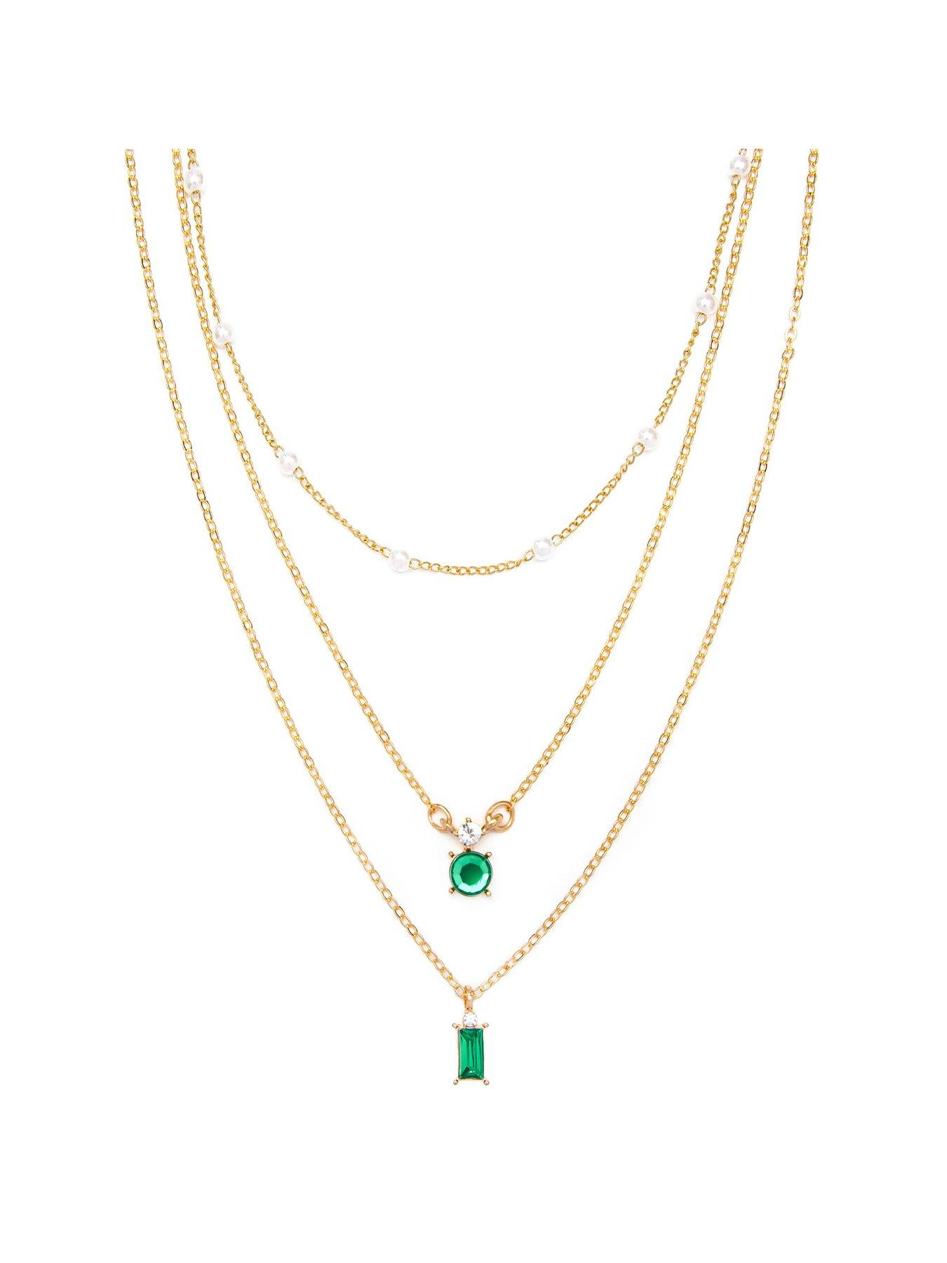 Product photograph of The Love Silver Collection Gold Plated Triple Layered Pearl And Emerald Necklace from very.co.uk