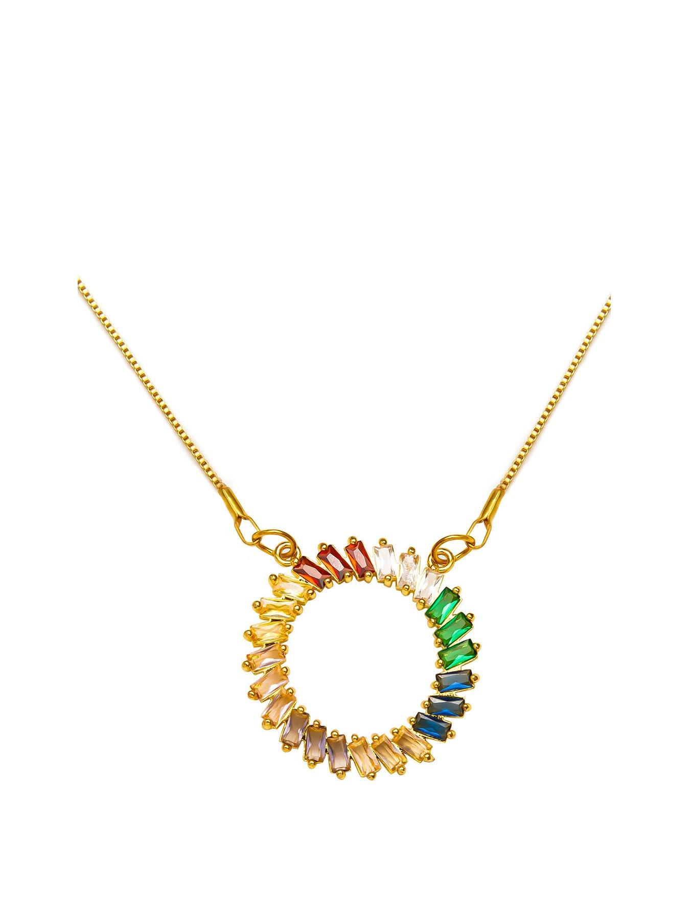 Product photograph of The Love Silver Collection Gold Plated Baguette Circular Rainbow Crystal Necklace from very.co.uk
