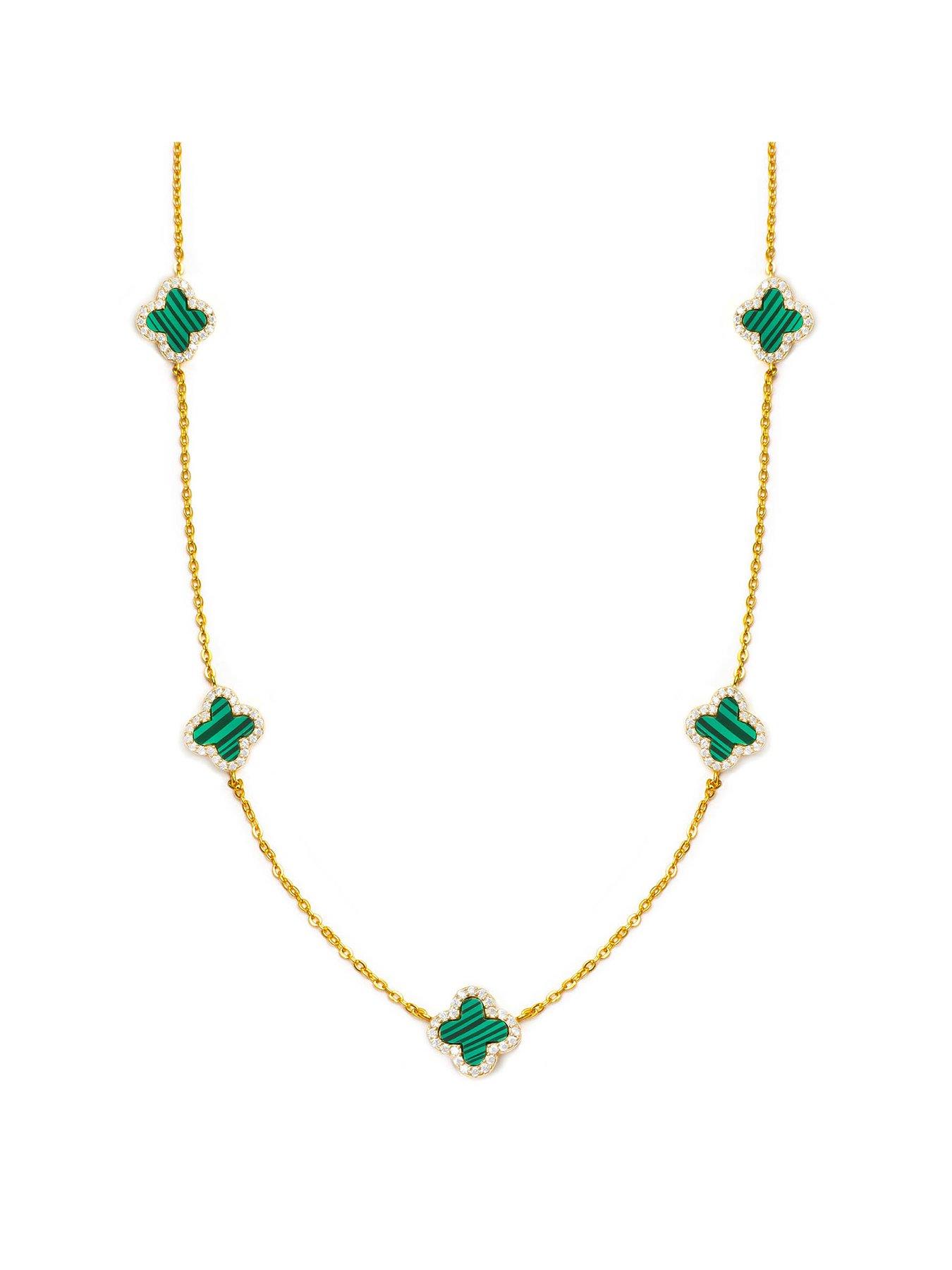 Product photograph of The Love Silver Collection 18ct Gold Plated Sterling Silver Malachite Flower Necklace from very.co.uk