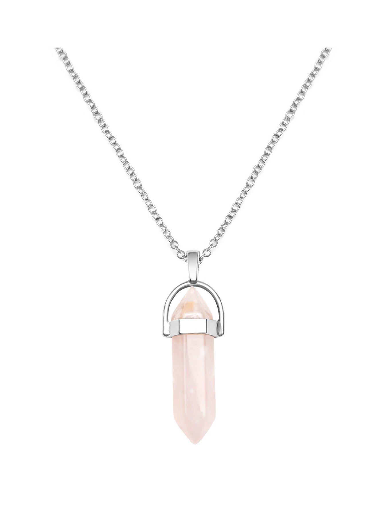 Product photograph of The Love Collection Rose Quartz Silver Plated Crystal Drop Charm Necklace from very.co.uk