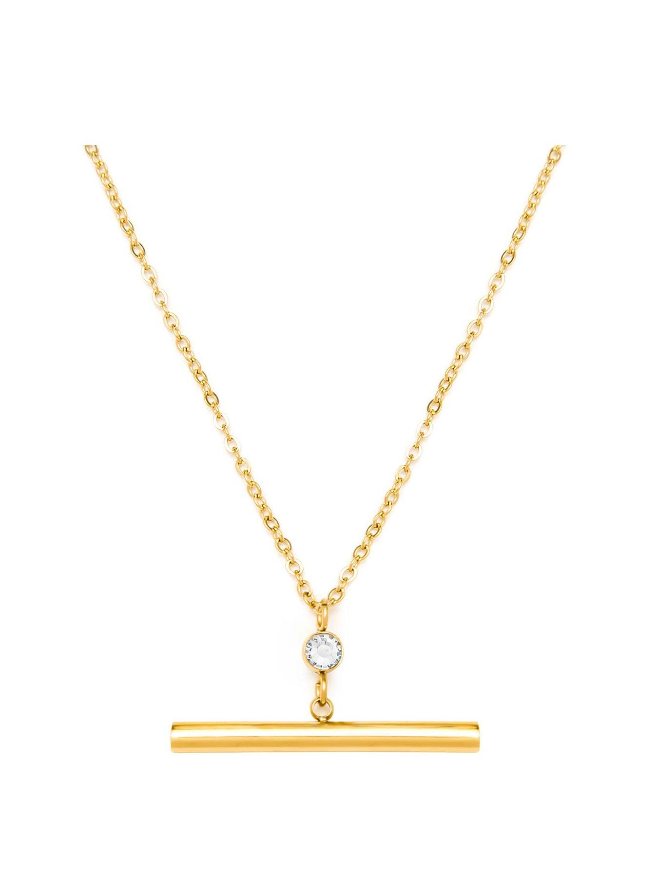 Product photograph of The Love Silver Collection Gold Plated T-bar Crystal Necklace from very.co.uk