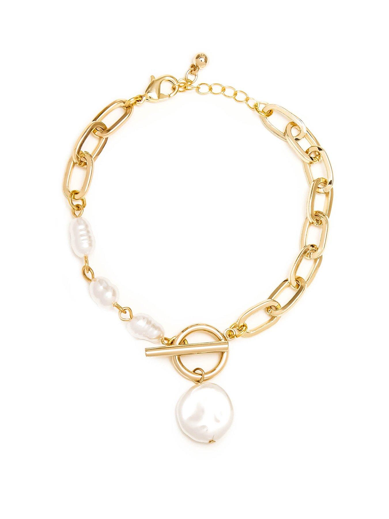 Product photograph of The Love Silver Collection Gold Plated Baroque Pearl T-bar Link Bracelet from very.co.uk