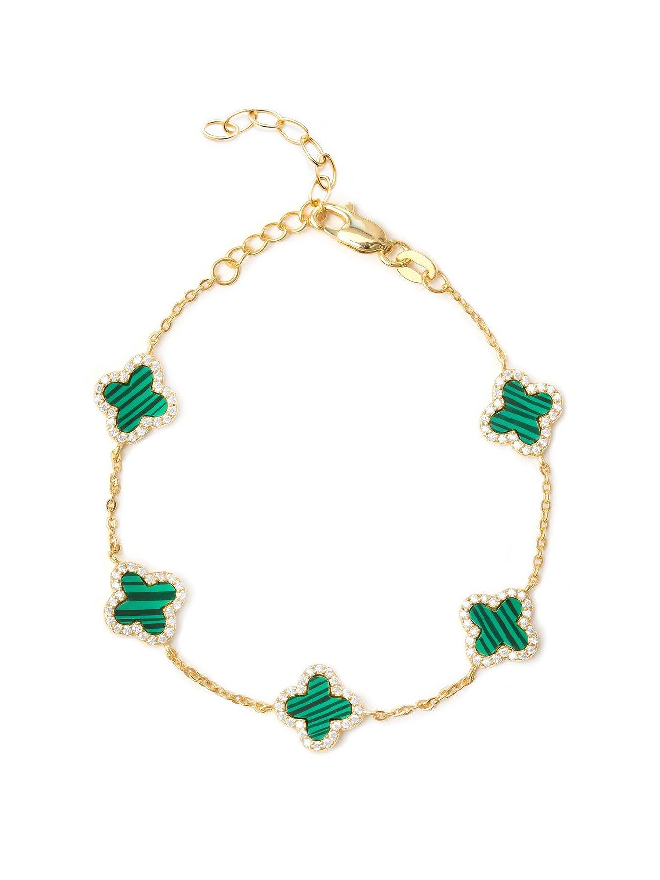 undefined 18ct Gold Plated Sterling Silver Malachite Flower Bracelet