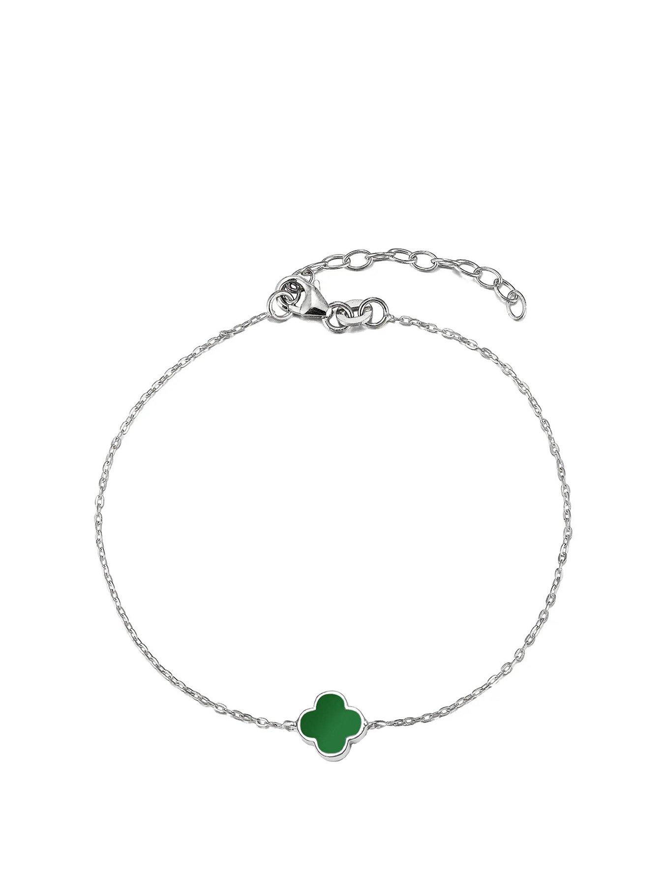 Product photograph of The Love Silver Collection Sterling Silver Green Enamel Flower Bracelet from very.co.uk