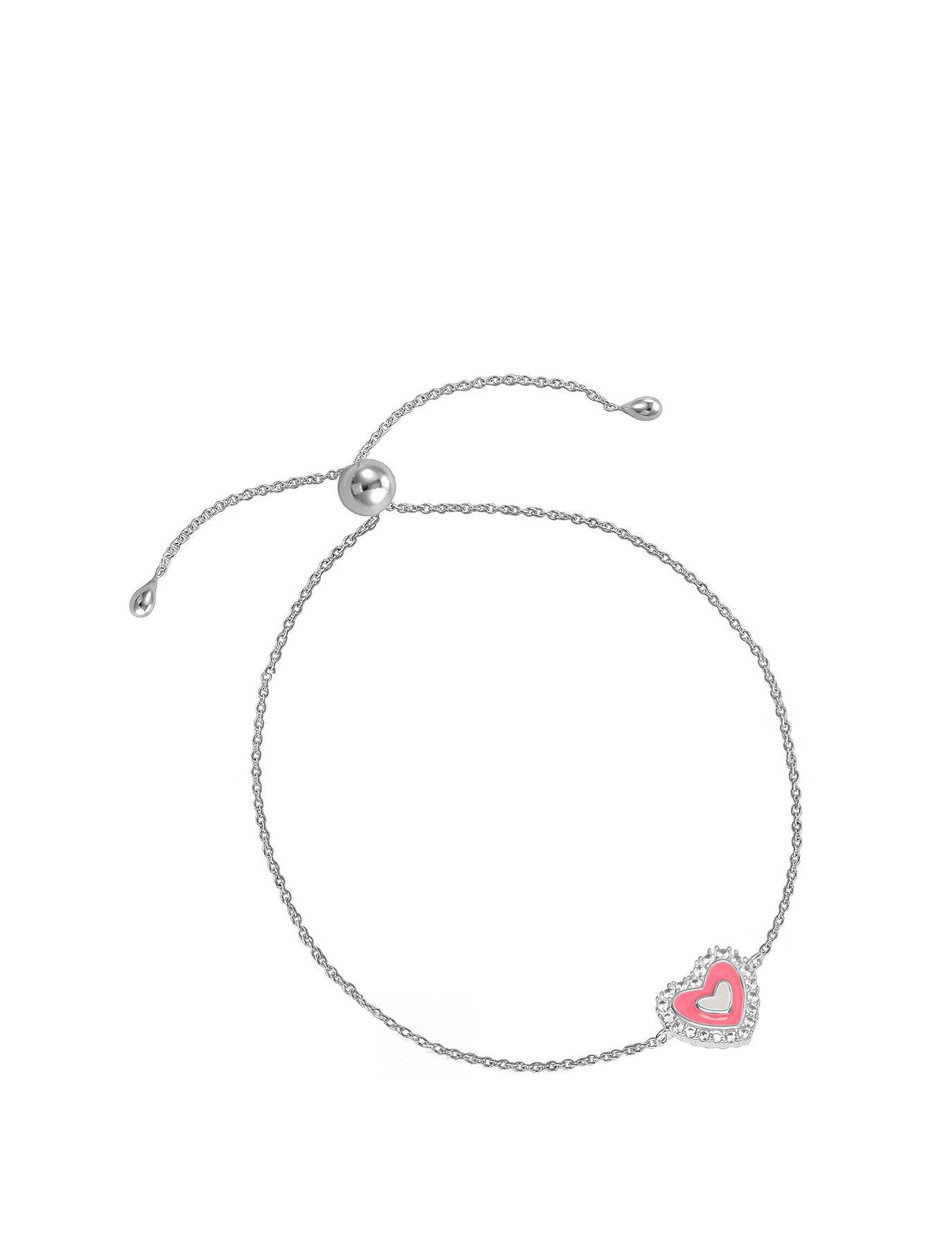 Product photograph of The Love Collection Sterling Silver Pink Enamel Heart Cubic Zirconia Bracelet from very.co.uk