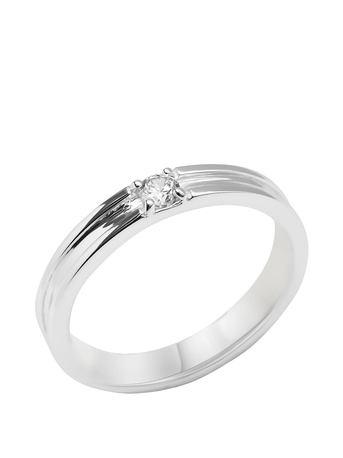 undefined Sterling Silver Ribbed Ring with CZ Central Stone