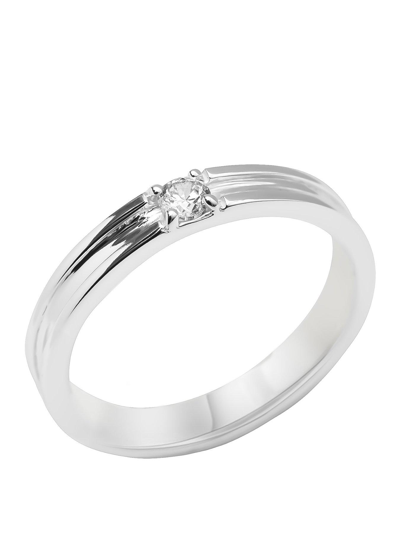 The Love Collection Sterling Silver Ribbed Ring with CZ Central Stone