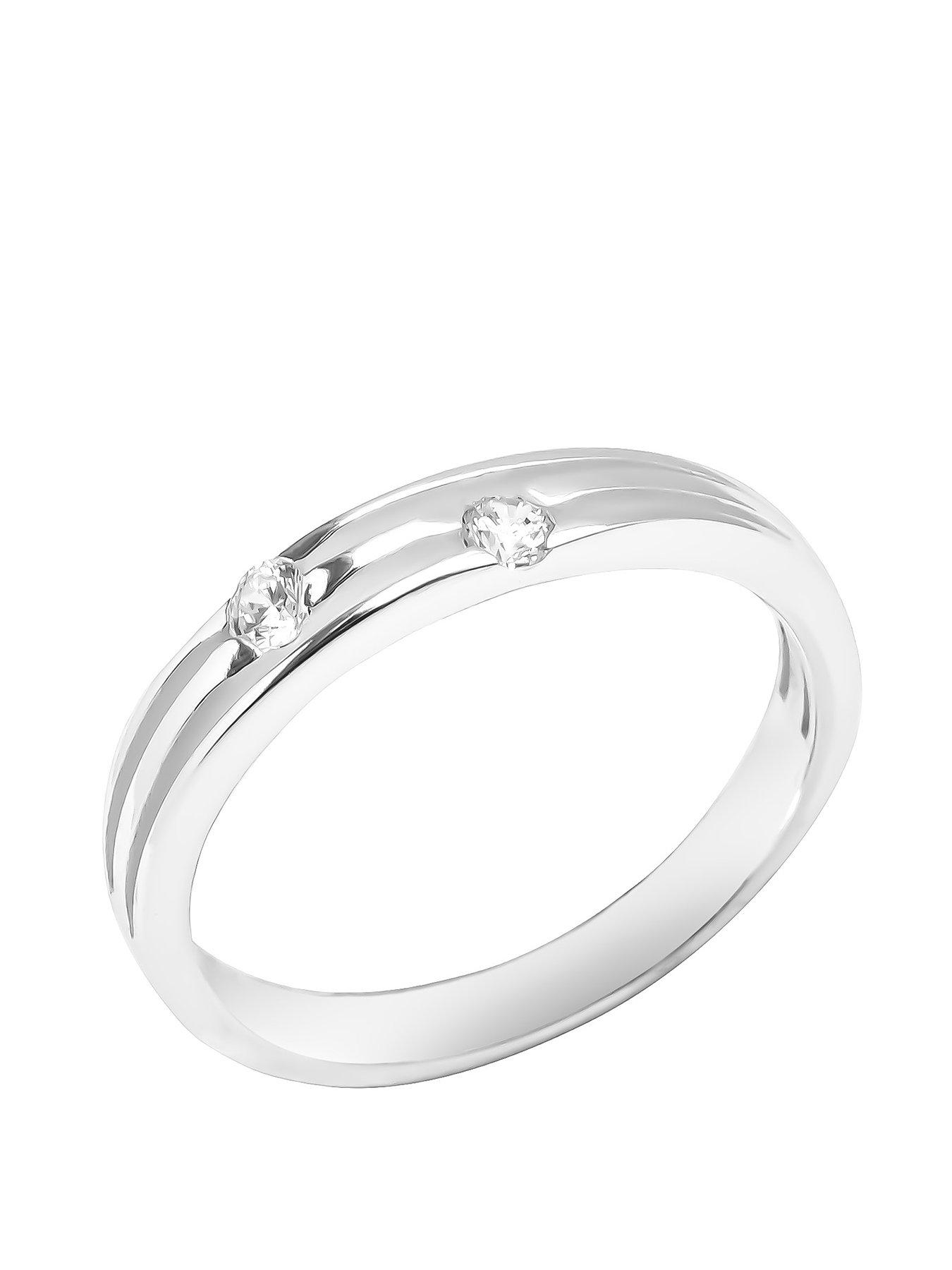 Product photograph of The Love Silver Collection Sterling Silver Ribbed Ring With Cz Stones from very.co.uk