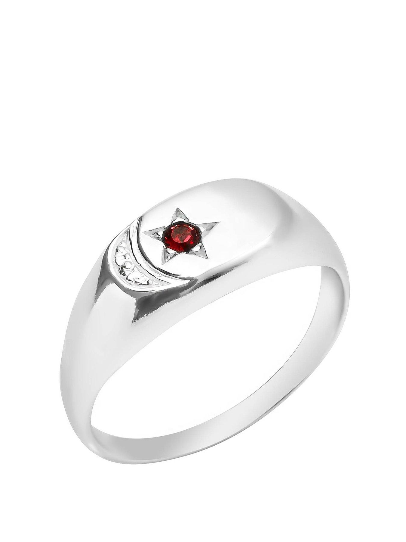 The Love Collection Sterling Silver Signet Ring with Moon Design and Diamond Cut CZ Stone